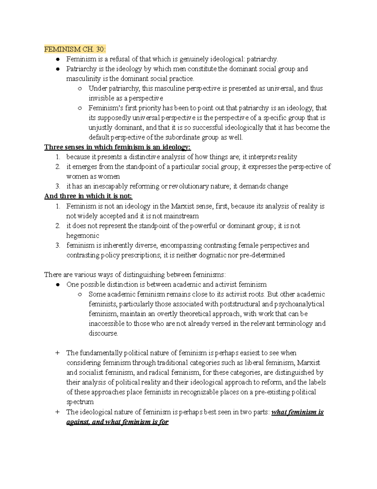 Feminism Chapter - 3Lecture Notes - FEMINISM CH. 30: Feminism Is A ...