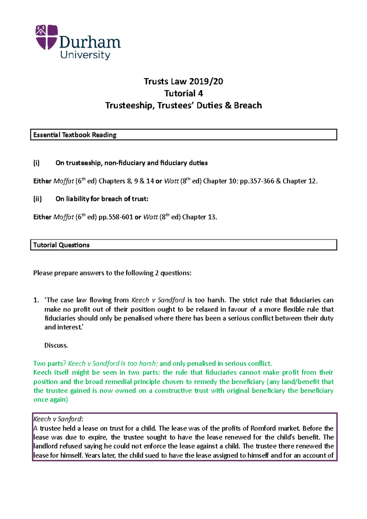 Trusts Tutorial 4 2019 2020 Trusteeship, Trustees' Duties & Breach ...