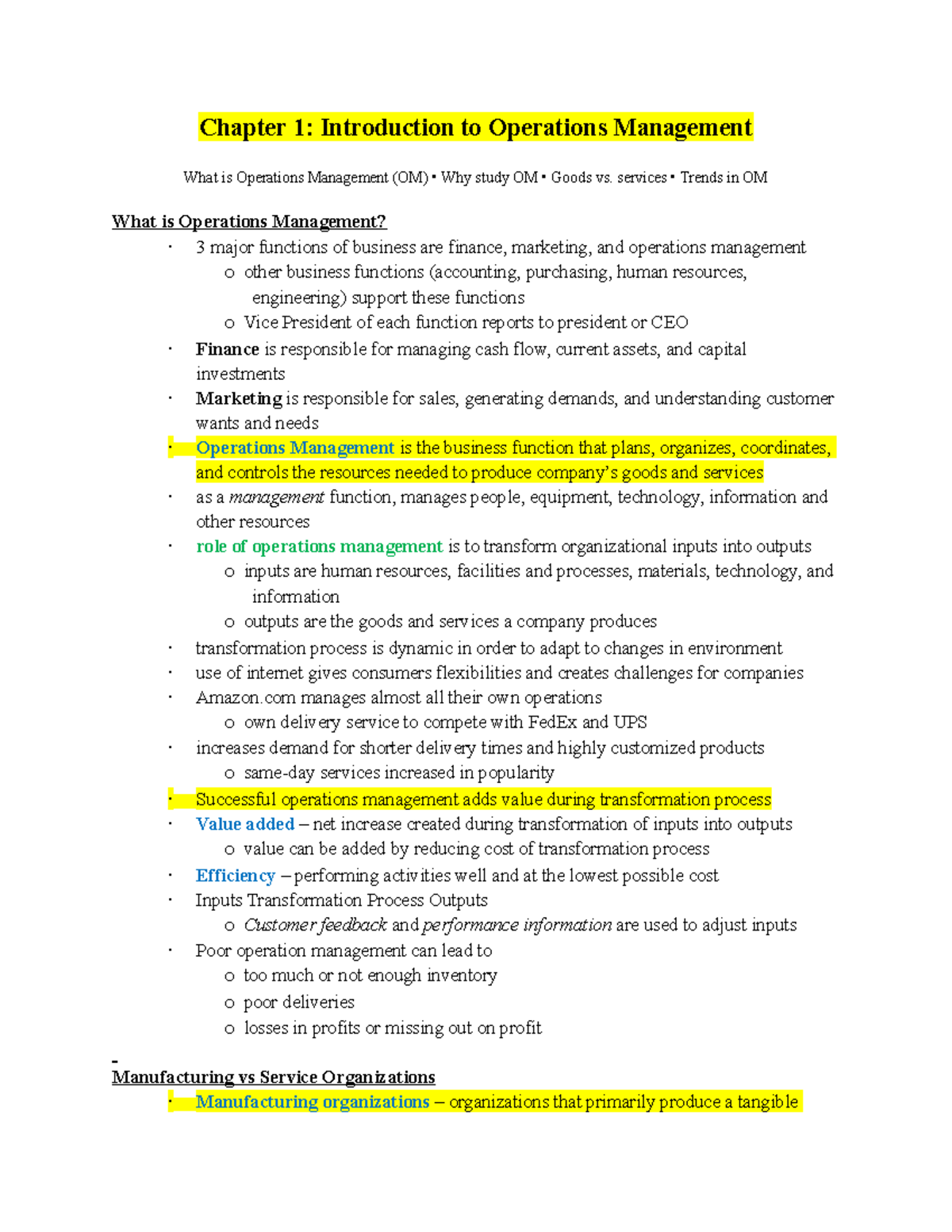 Operations Management An Integrated Approach MOS3330 – Chapter 1 Notes ...