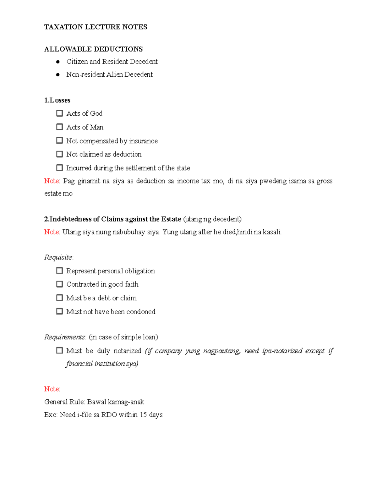 Taxations - Lecture Notes - TAXATION LECTURE NOTES ALLOWABLE DEDUCTIONS ...