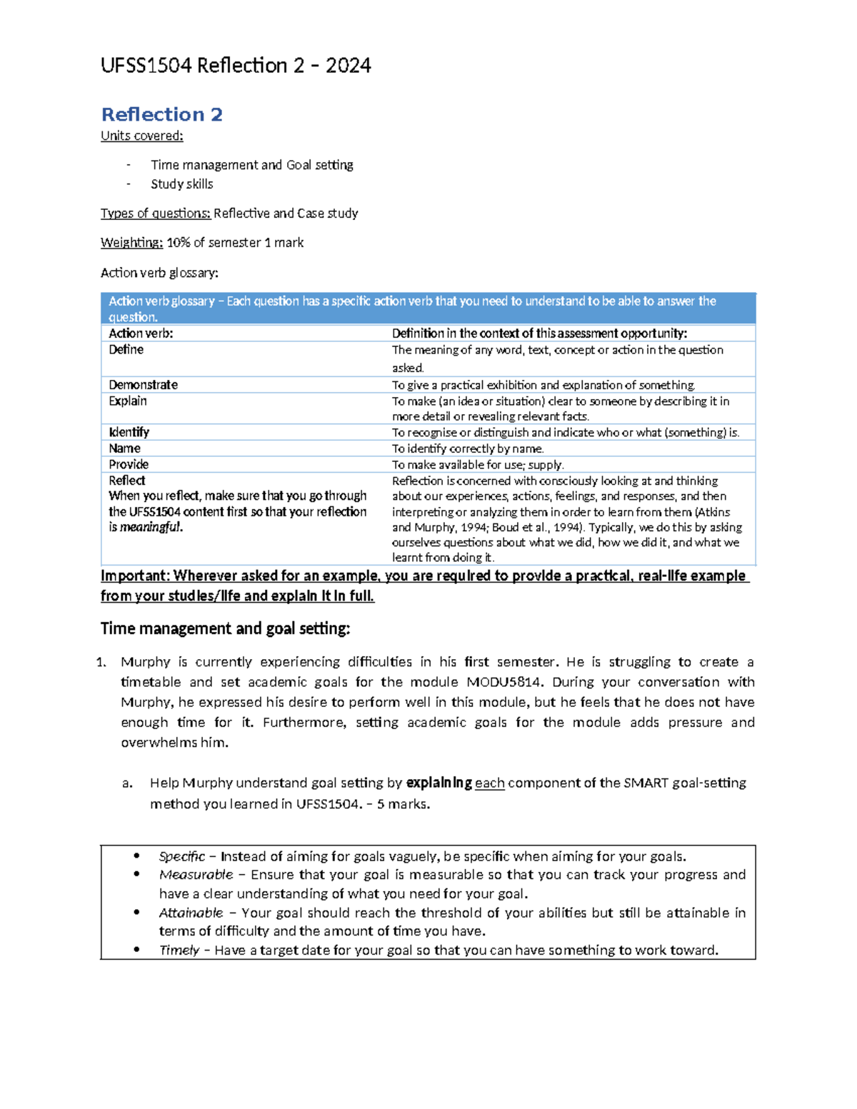 Work UVSS - Reflection 2 Units covered: Time management and Goal ...