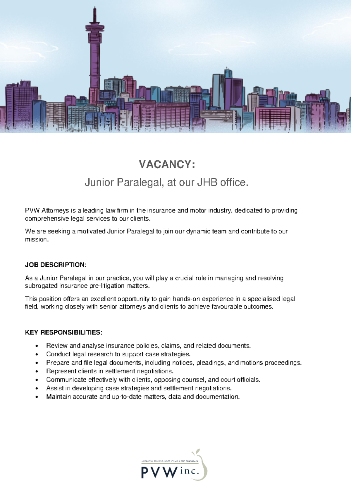 Junior Paralegal 1718103597 - VACANCY: Junior Paralegal, at our JHB ...