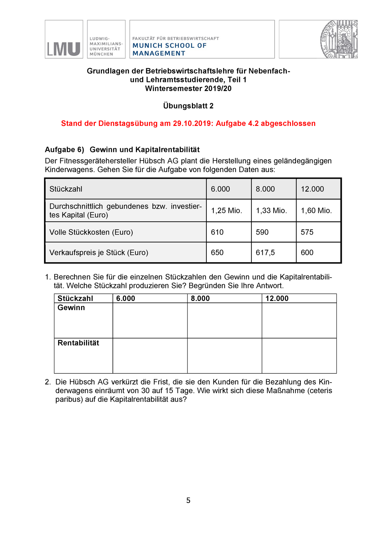 BWL Übungsblatt 2 - Grundlagen Der Betriebswirtschaftslehre Für ...