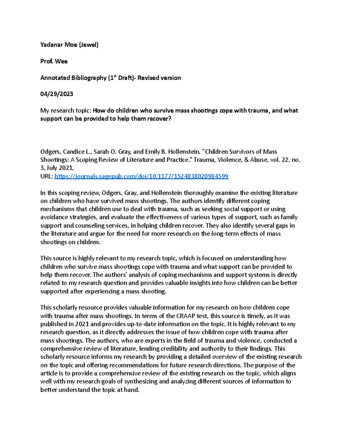 anotated bibliography (first draft) - Yadanar Moe (Jewel) Prof. Wee ...