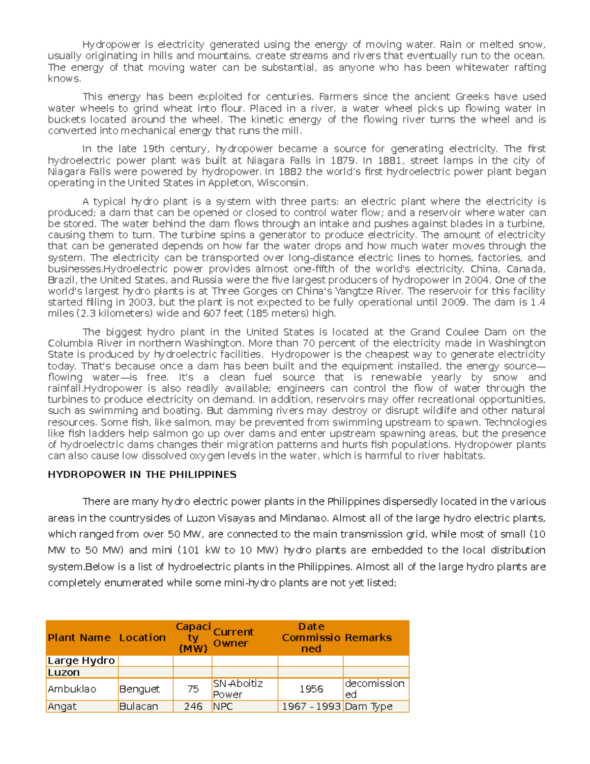 Hydropower - Lecture notes 5 - Hydropower is electricity generated ...