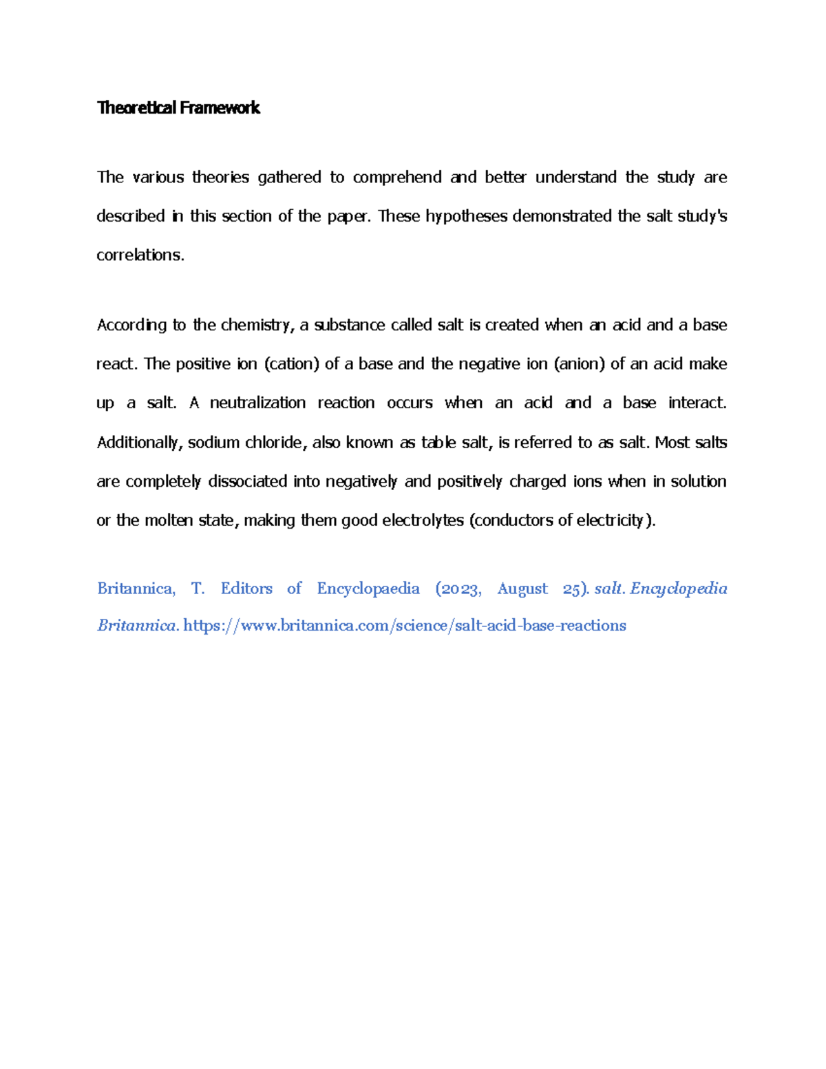 Theoretical Framework - These hypotheses demonstrated the salt study's ...