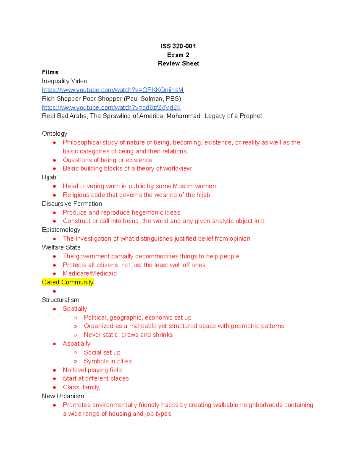 Exam 2 Review - ISS 320 World Urban Systems (I) - ISS 320- Exam 2 ...