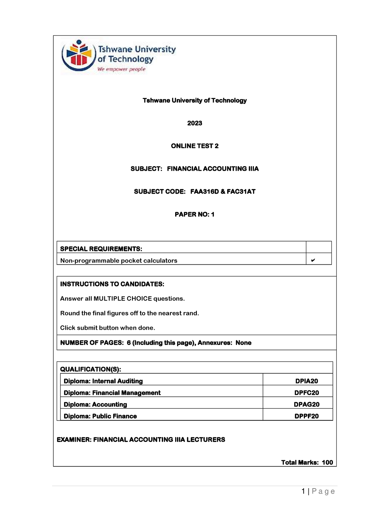 Online Test 2 - Question - Tshwane University Of Technology 2023 ONLINE ...