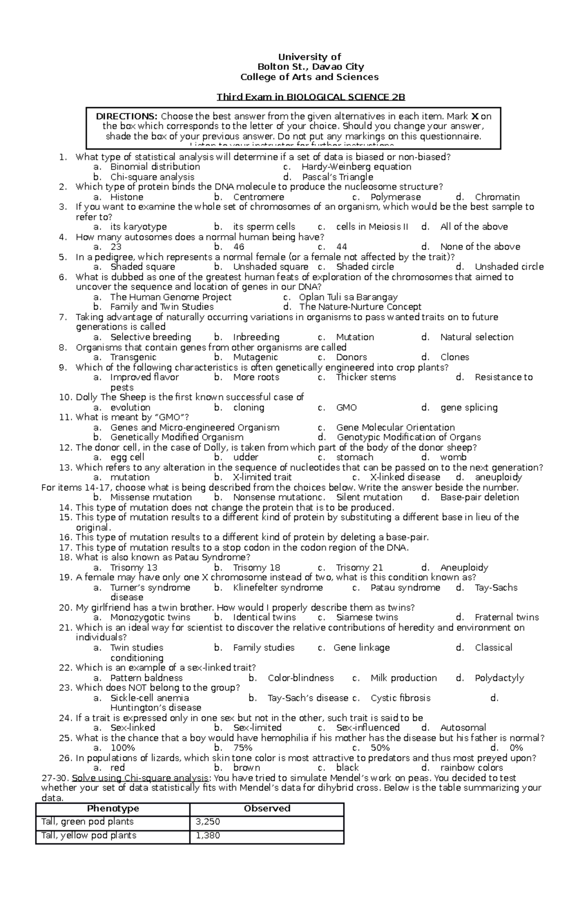 Third Exam University of Bolton St., Davao City College of