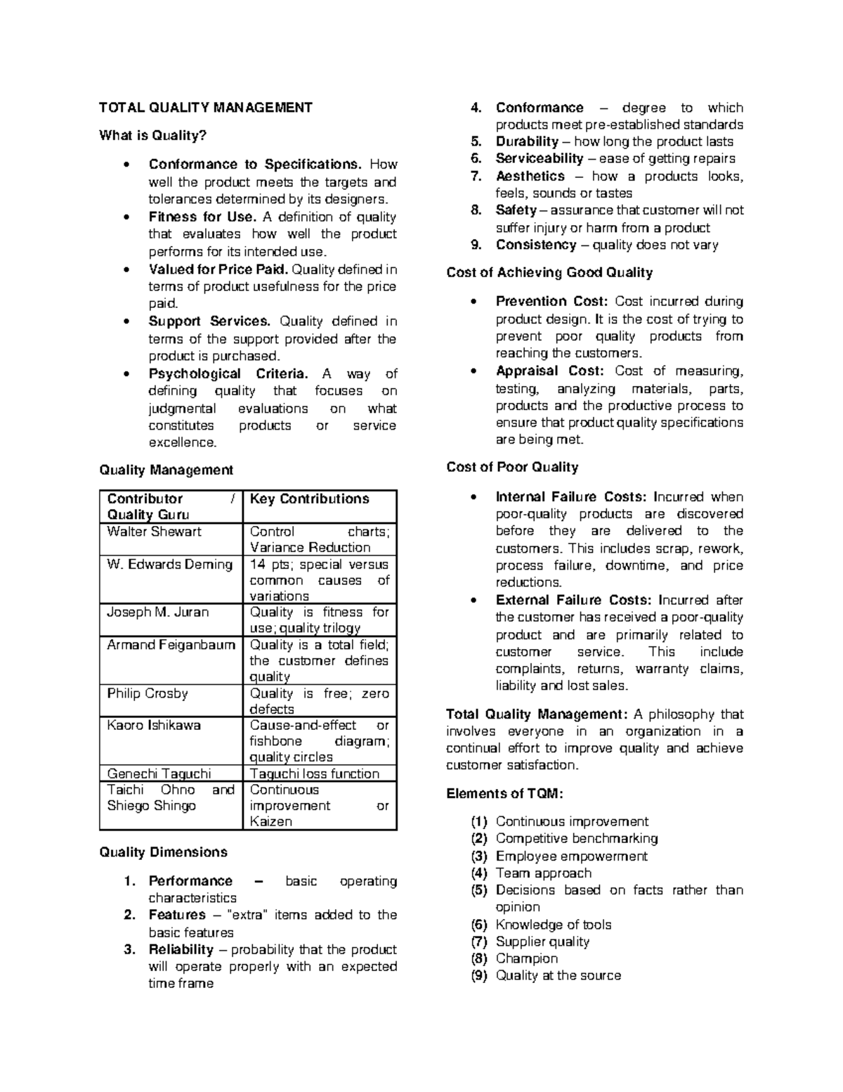 Project Management Notes - TOTAL QUALITY MANAGEMENT What is Quality ...