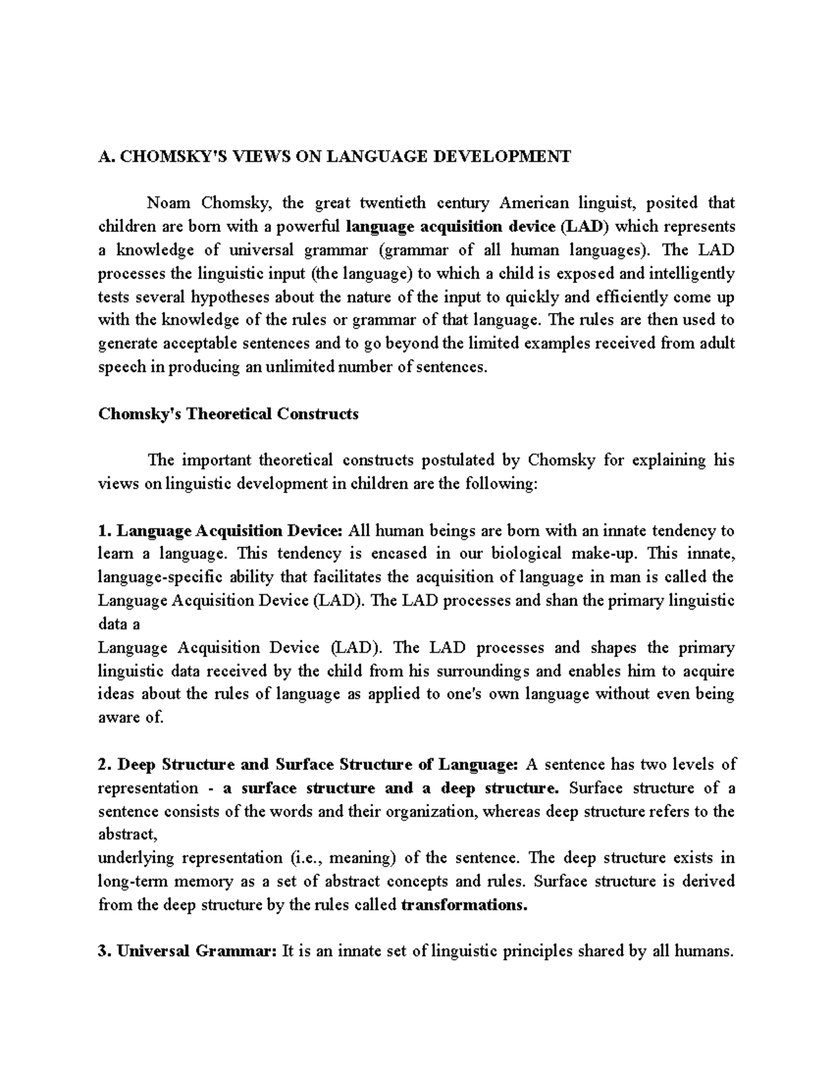 Chomsky's view of language development - A. CHOMSKY'S VIEWS ON LANGUAGE ...