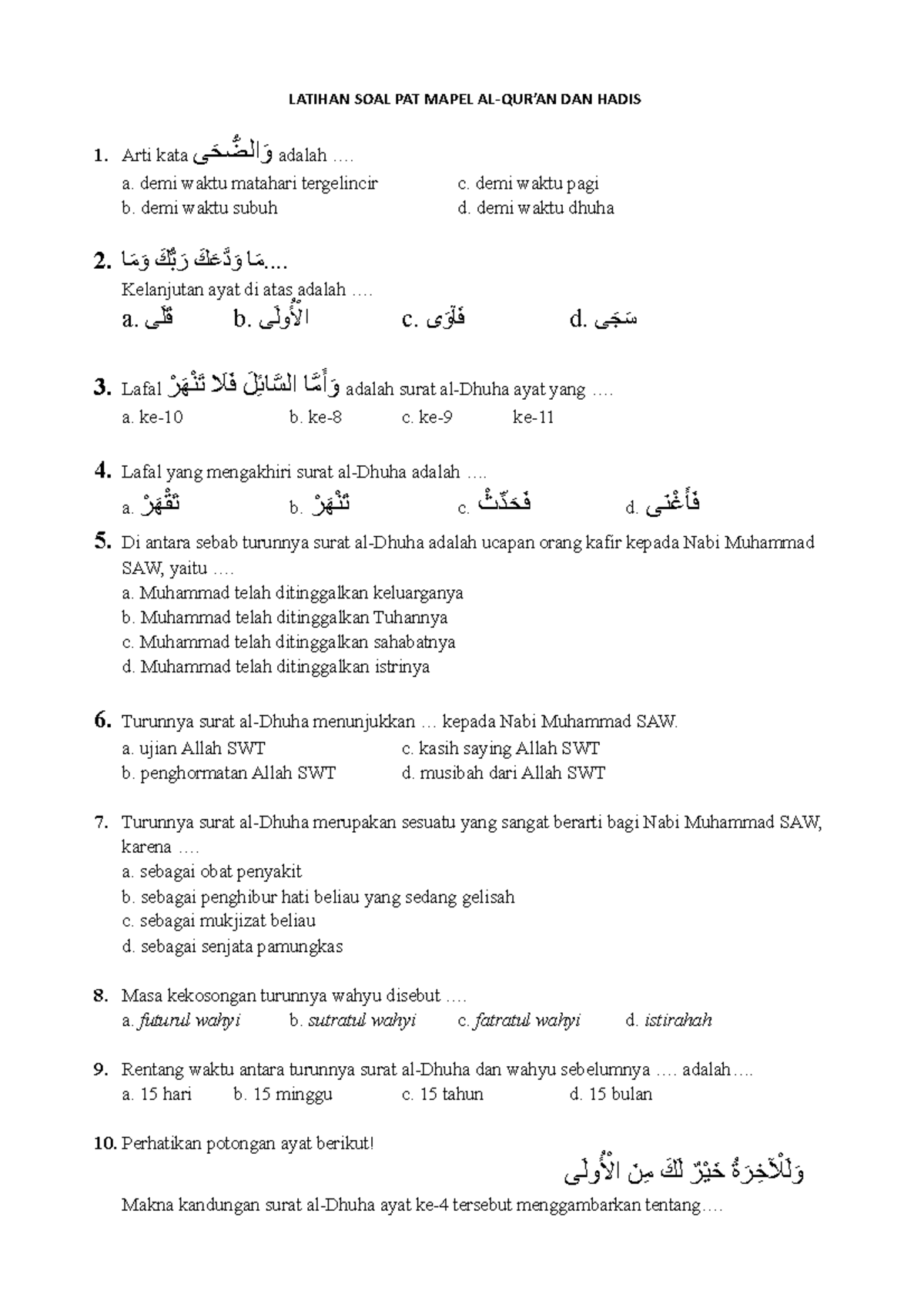 Bank Soal Qrds - Bank Soal - LATIHAN SOAL PAT MAPEL AL-QUR’AN DAN HADIS ...