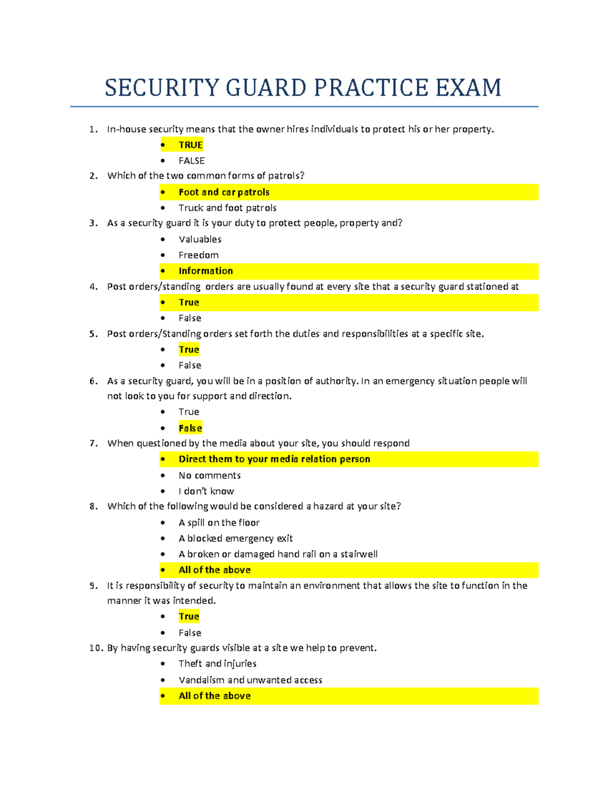 Security Guard Practice Test With Answers Security Threat At