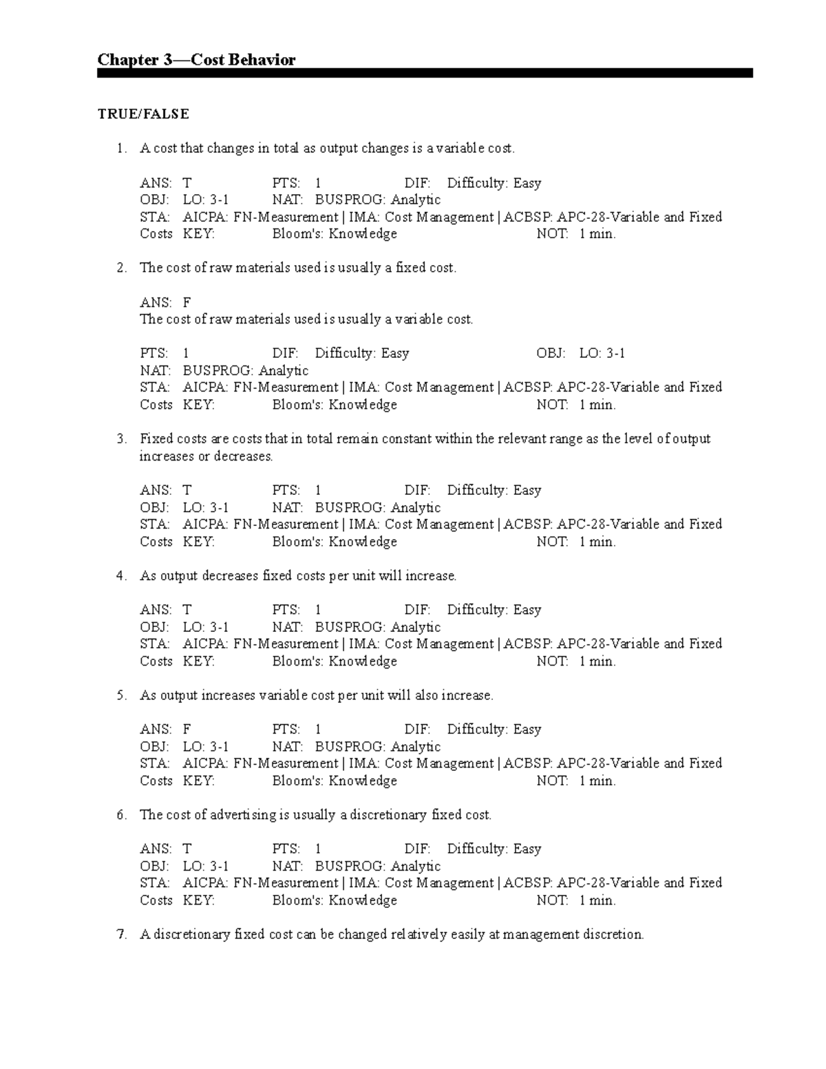 CH 03 - COST Behavior - ddfdzv - Chapter 3—Cost Behavior TRUE/FALSE A ...