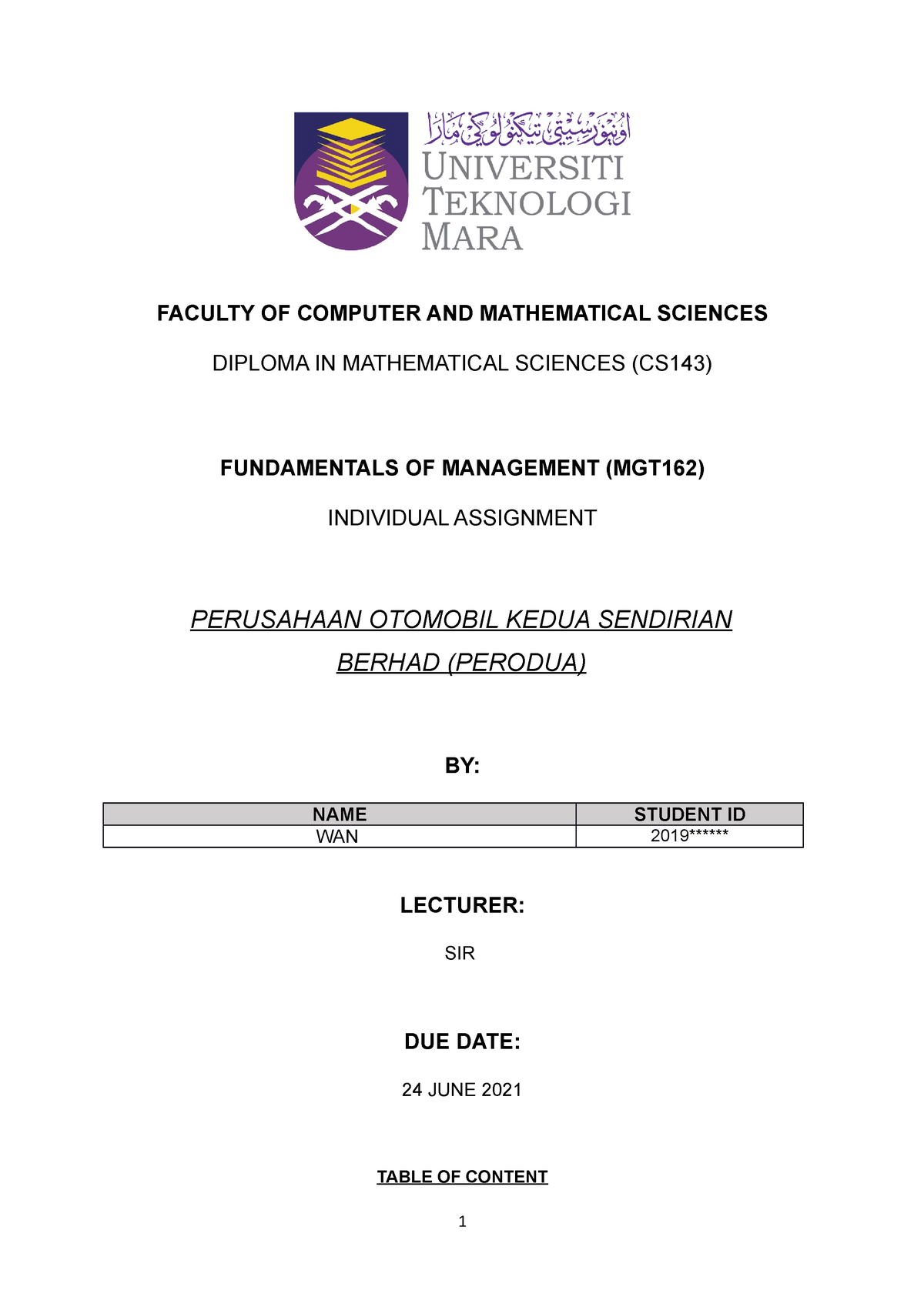 mgt162 assignment company uitm