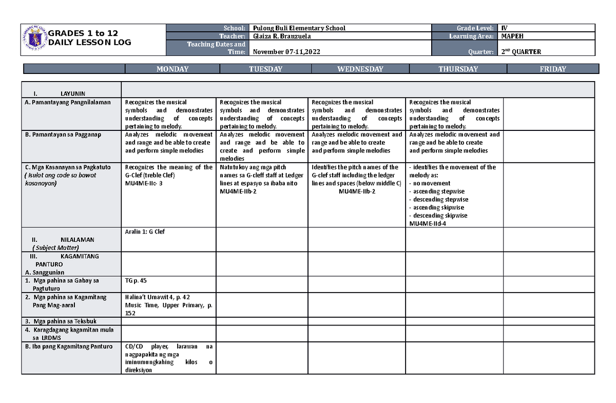 DLL Mapeh 4 Q2 W1 - daily lesson plan - GRADES 1 to 12 DAILY LESSON LOG ...