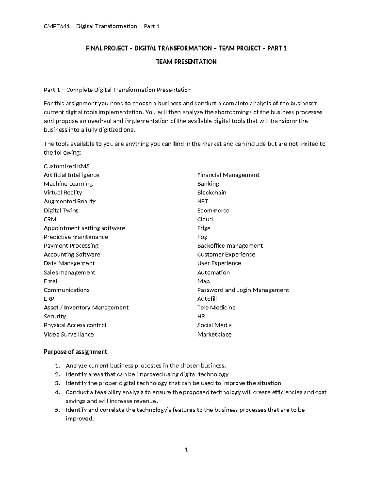 Final Project Digital Transformation - Presentation - Part 1 - CMPT641 ...