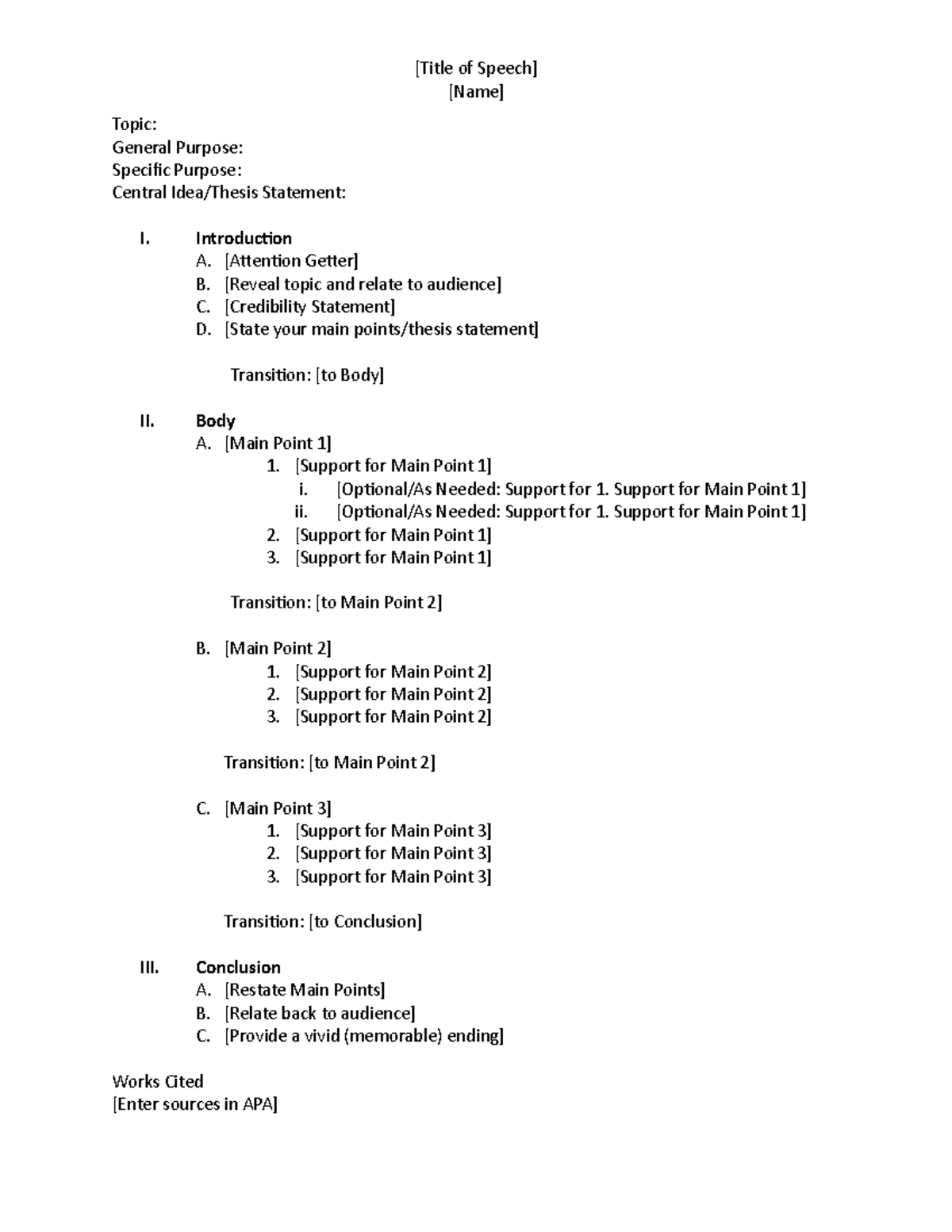 Speech Outline Template - [Title of Speech] [Name] Topic: General ...