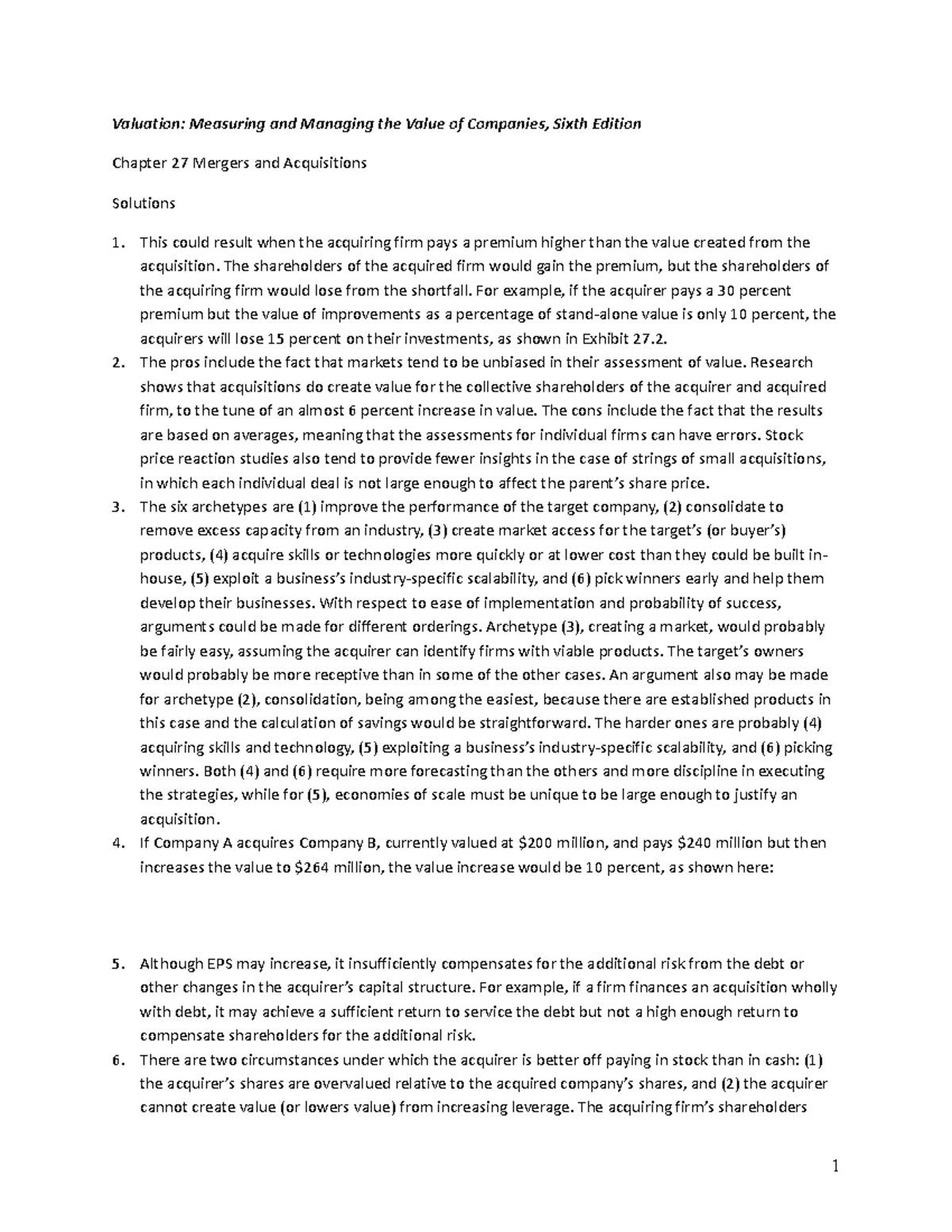27 Solutions - summary solution - Valuation: Measuring and Managing the ...