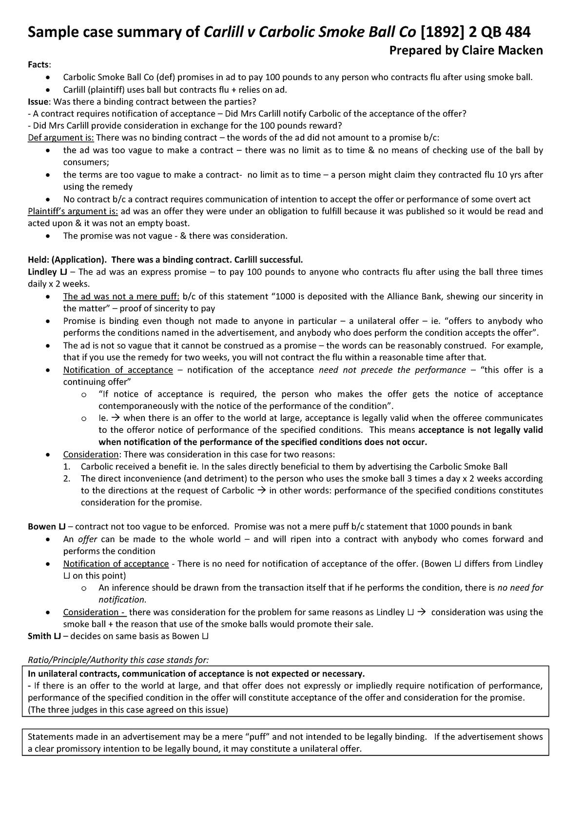 Carlill V Carbol - Carlill (plaintiff) Uses Ball But Contracts Flu ...