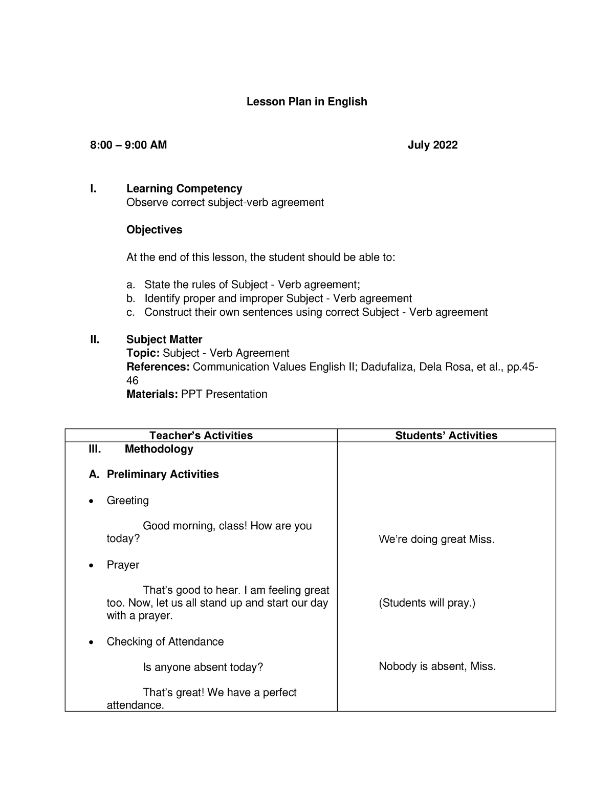 Lesson Plan in English Subject-Verb Agreement - Lesson Plan in English ...