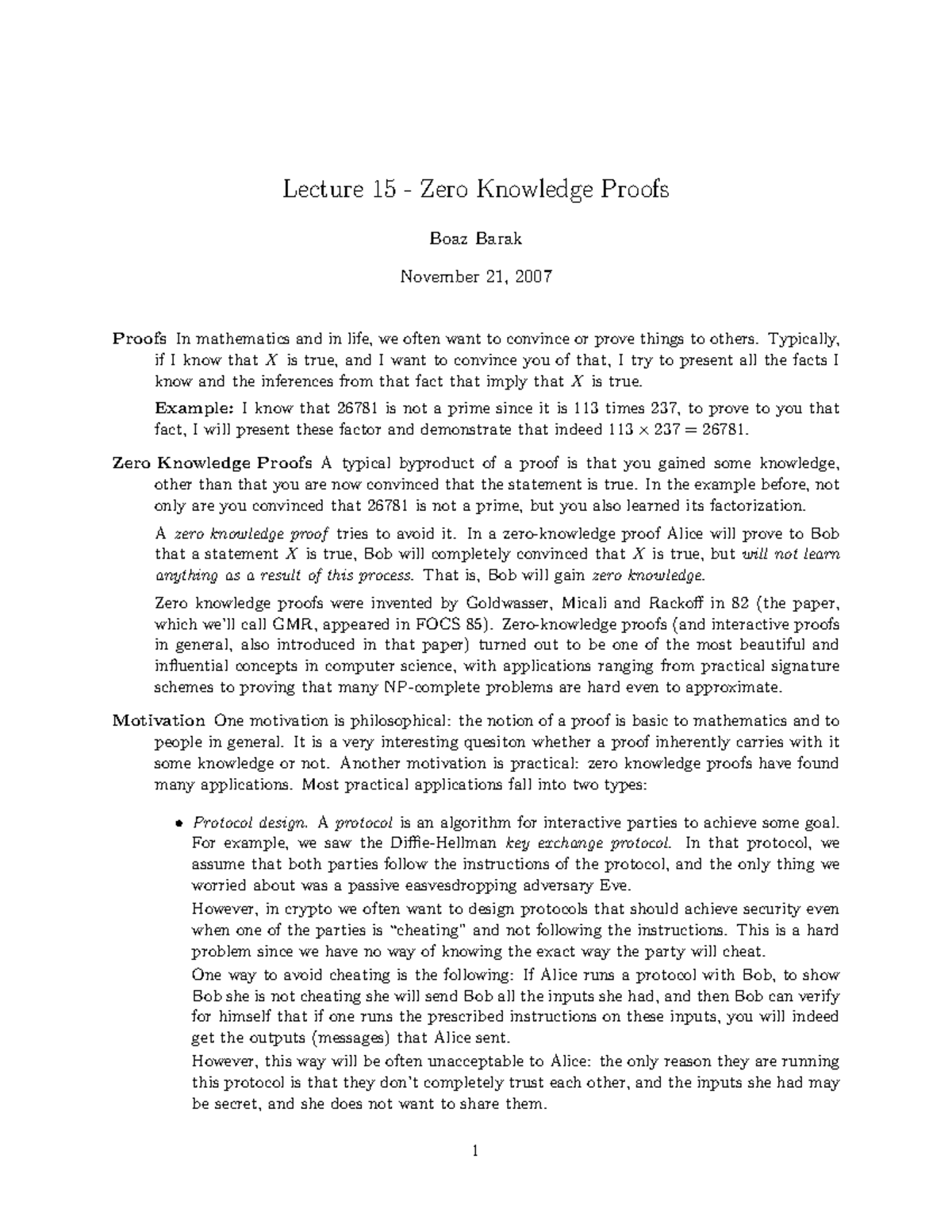 - Zero Knowledge Proofs - Lecture 15 - Zero Knowledge Proofs Boaz Barak ...