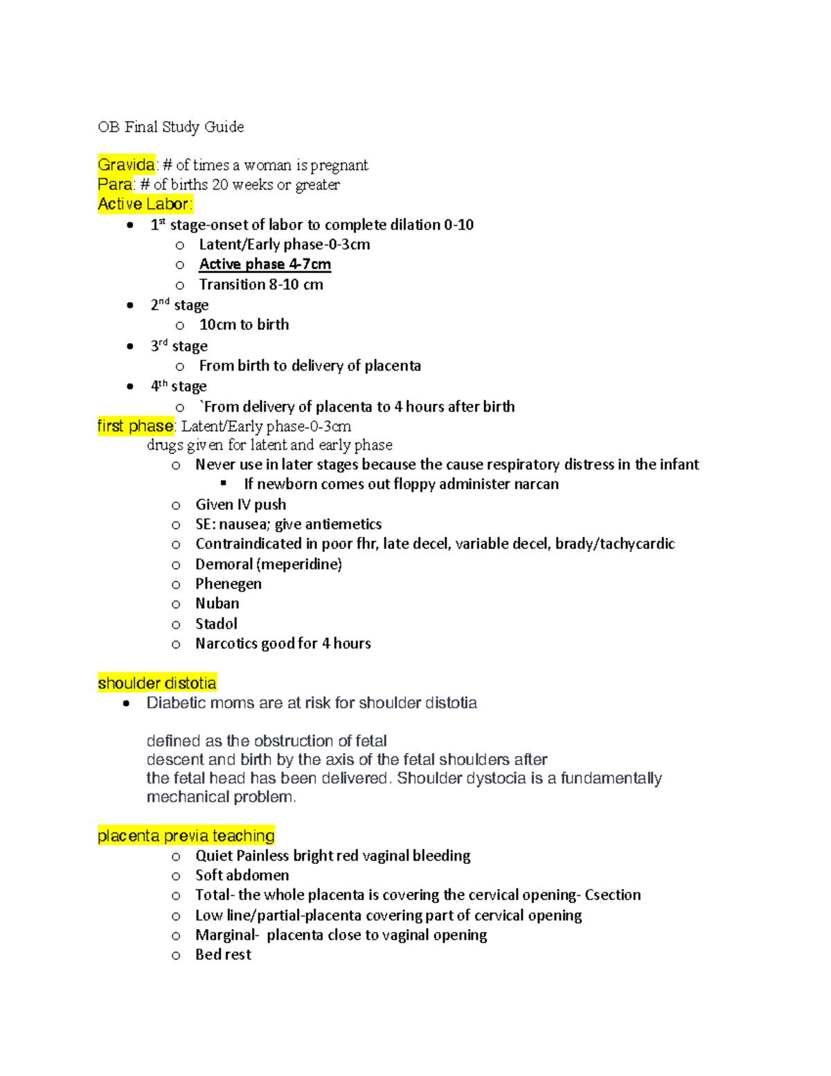 OB Final Study Guide - OB Final Study Guide Gravida: # of times a woman ...