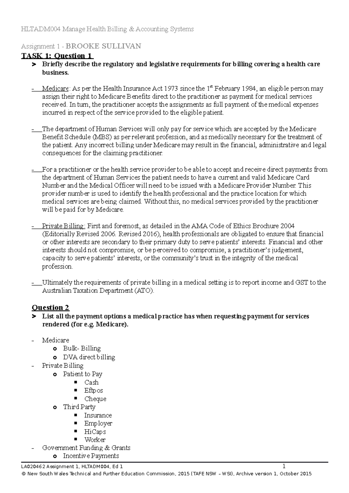 Hltadm 004 Manage Health Billing And Acco - Assignment 1 - BROOKE ...