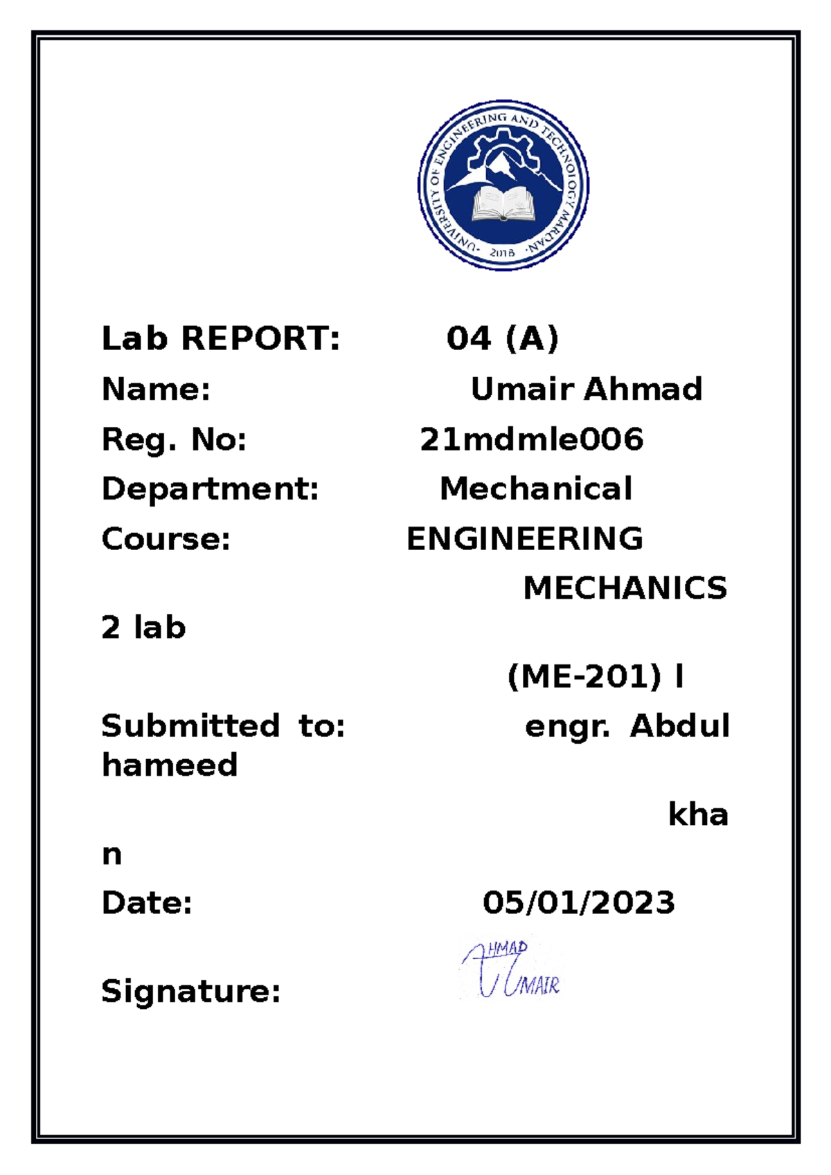 4TH (A) Umair Ahmad FLAT-BELT ROPE - Lab REPORT: 04 (A) Name: Umair ...