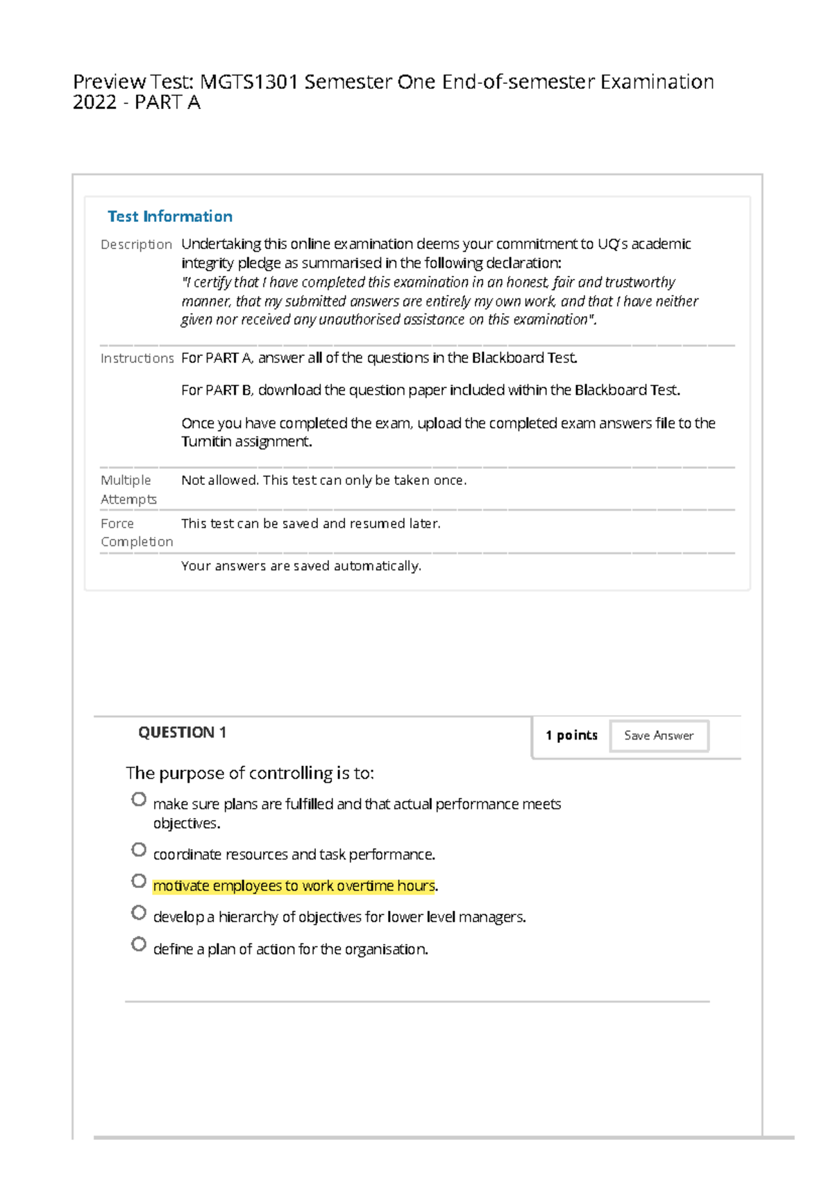 Semester One Final Examinations 2022 MGTS1301 - Preview Test: MGTS1301 ...