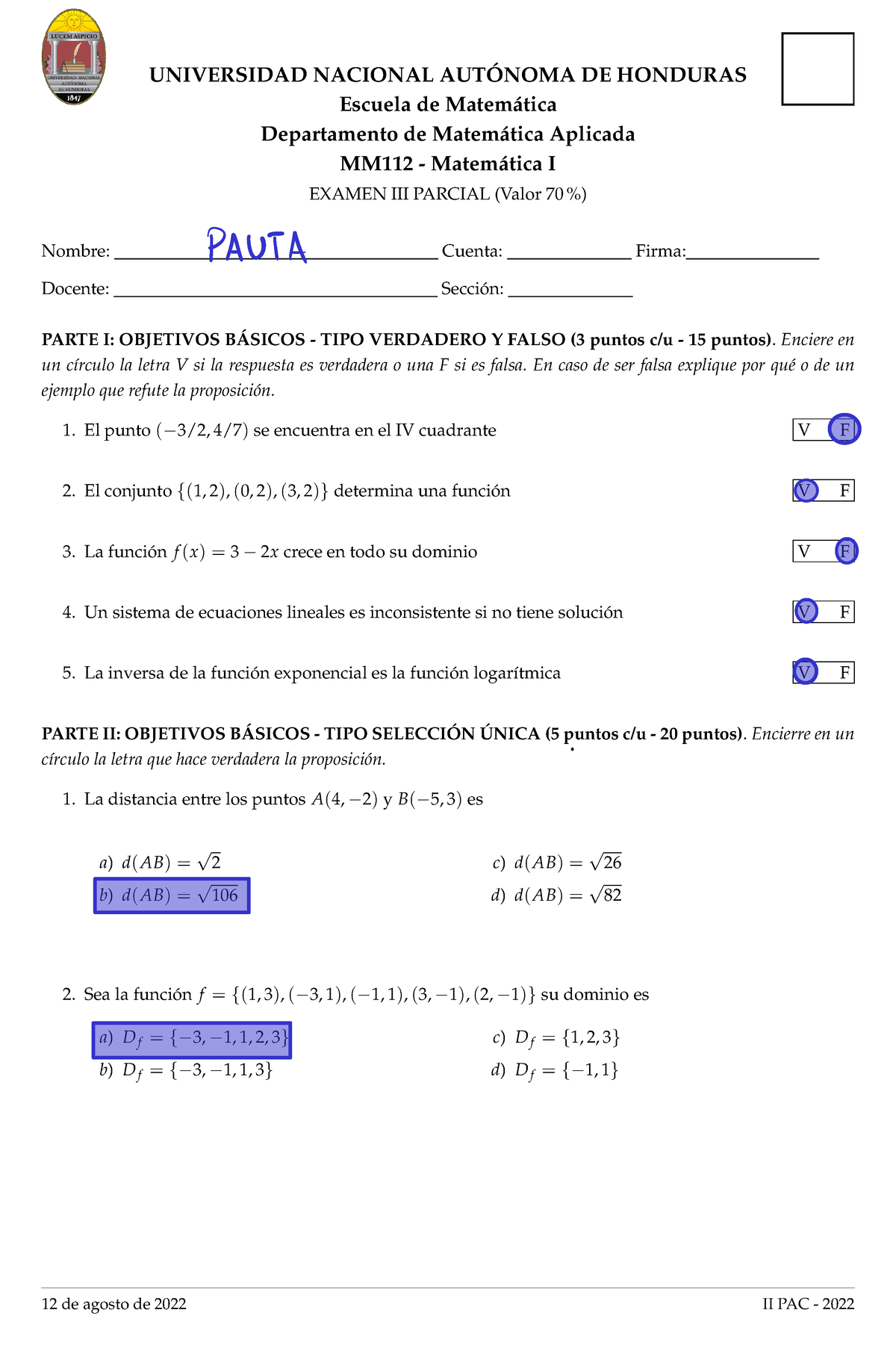 Examen Iii Matematica I Iipac 2022 Pauta 1 Universidad Nacional AutÓnoma De Honduras Escuela 2907