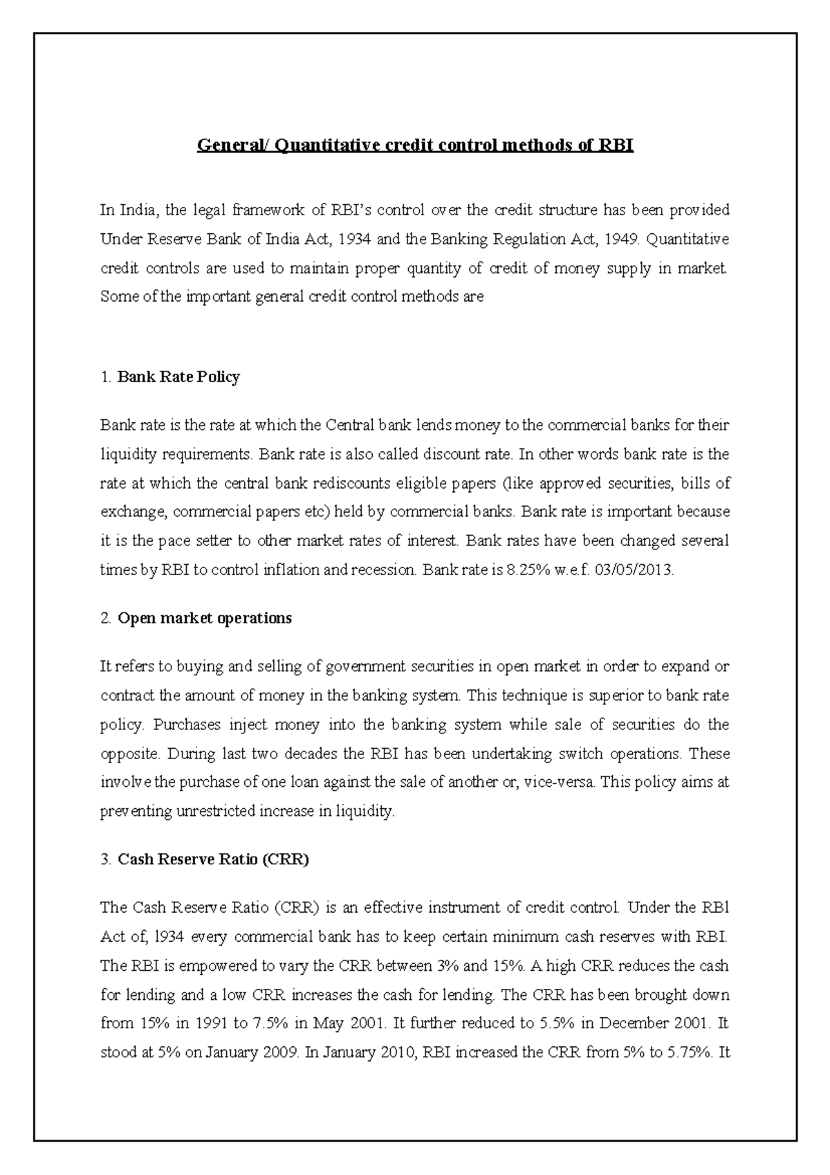 Credit Control Measures of RBI General/ Quantitative credit control