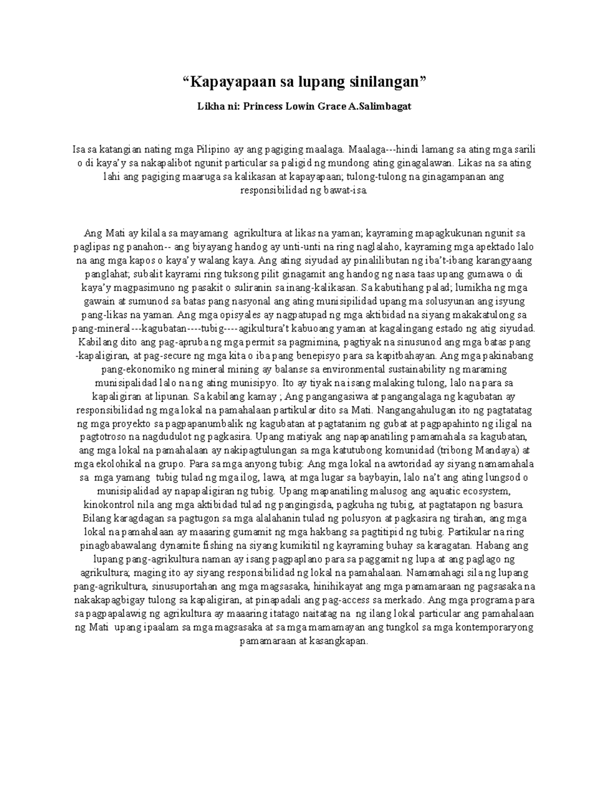 Filipino-MT- Salimbagat- Essay - “Kapayapaan sa lupang sinilangan ...