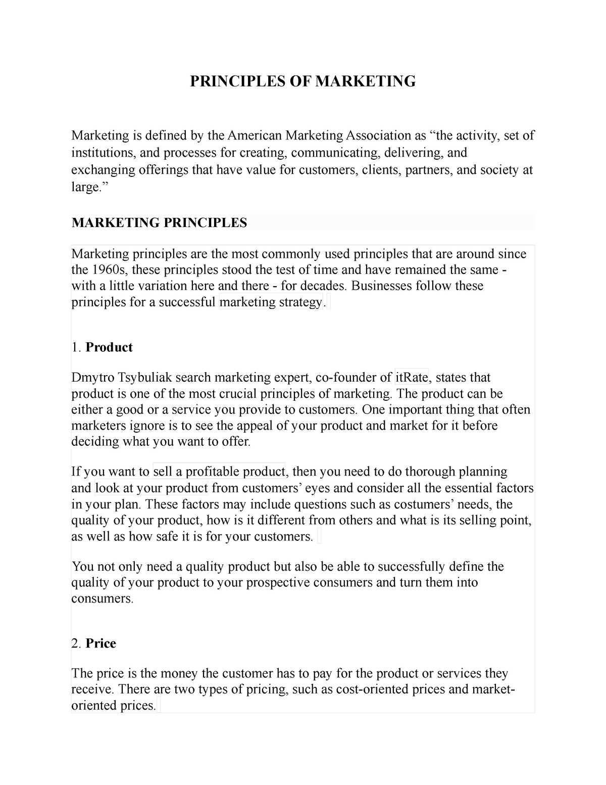 essay about marketing principles