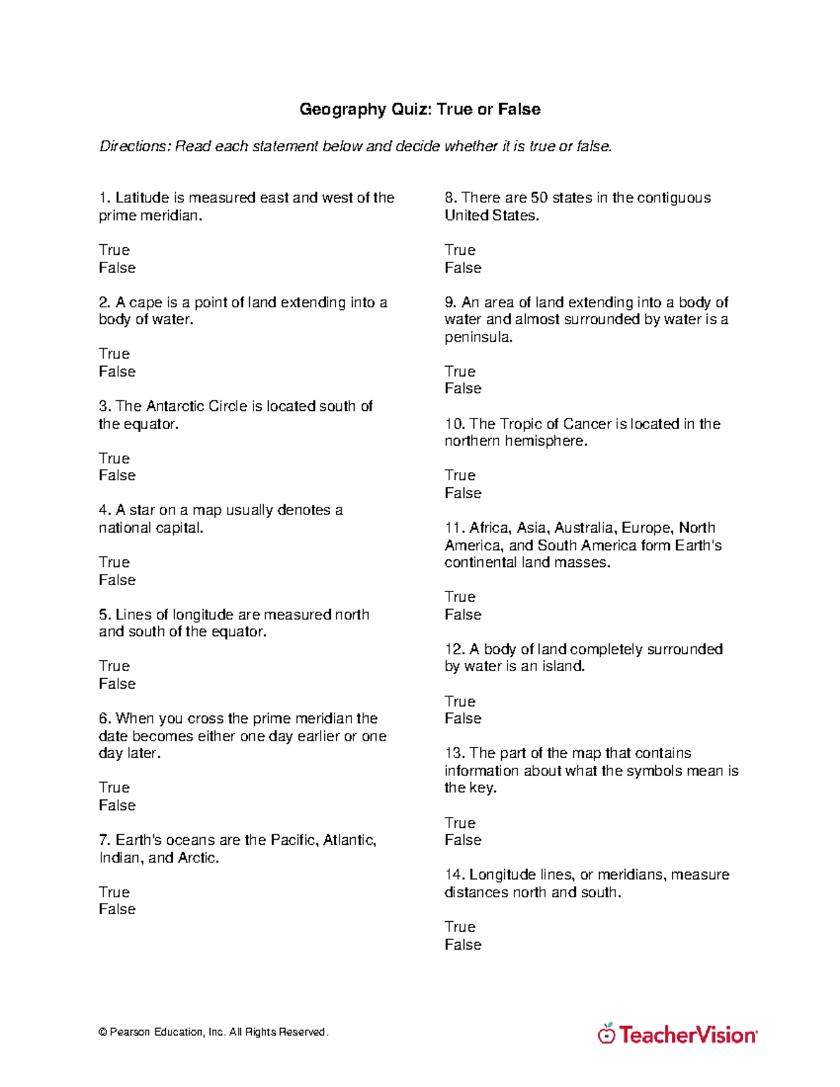 Geography and Sociology Geography Quiz True or False Directions