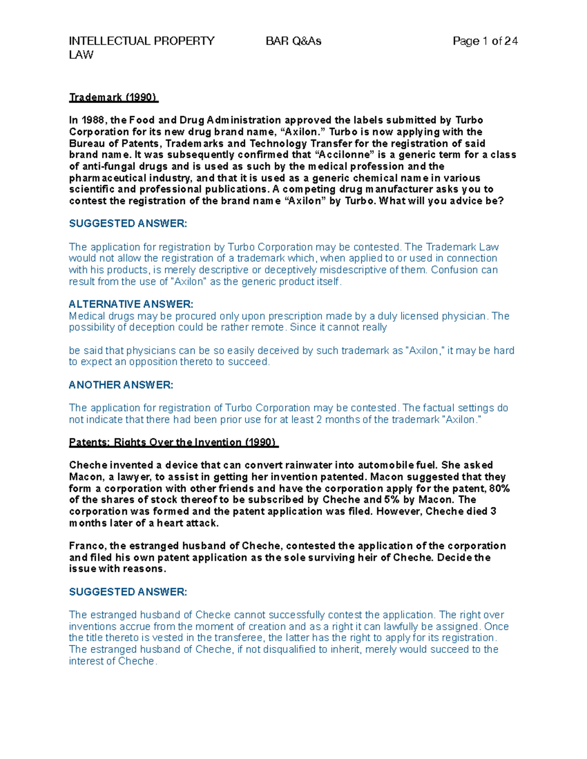394982091 Intellectual Property Law Bar Questions and Suggested Answers