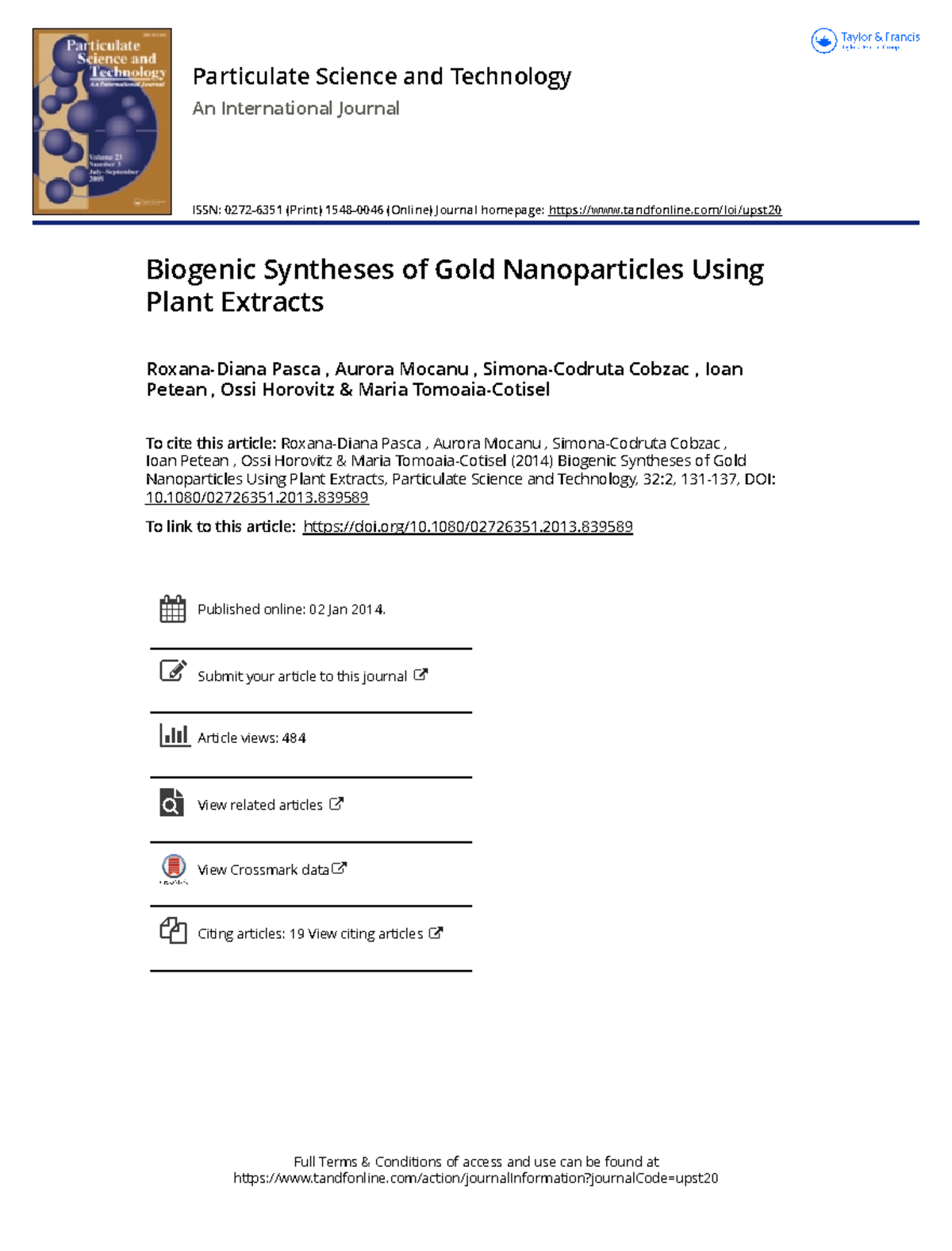 Biogenic Syntheses of Gold Nanoparticles Using Plant Extracts - 1080/ ...