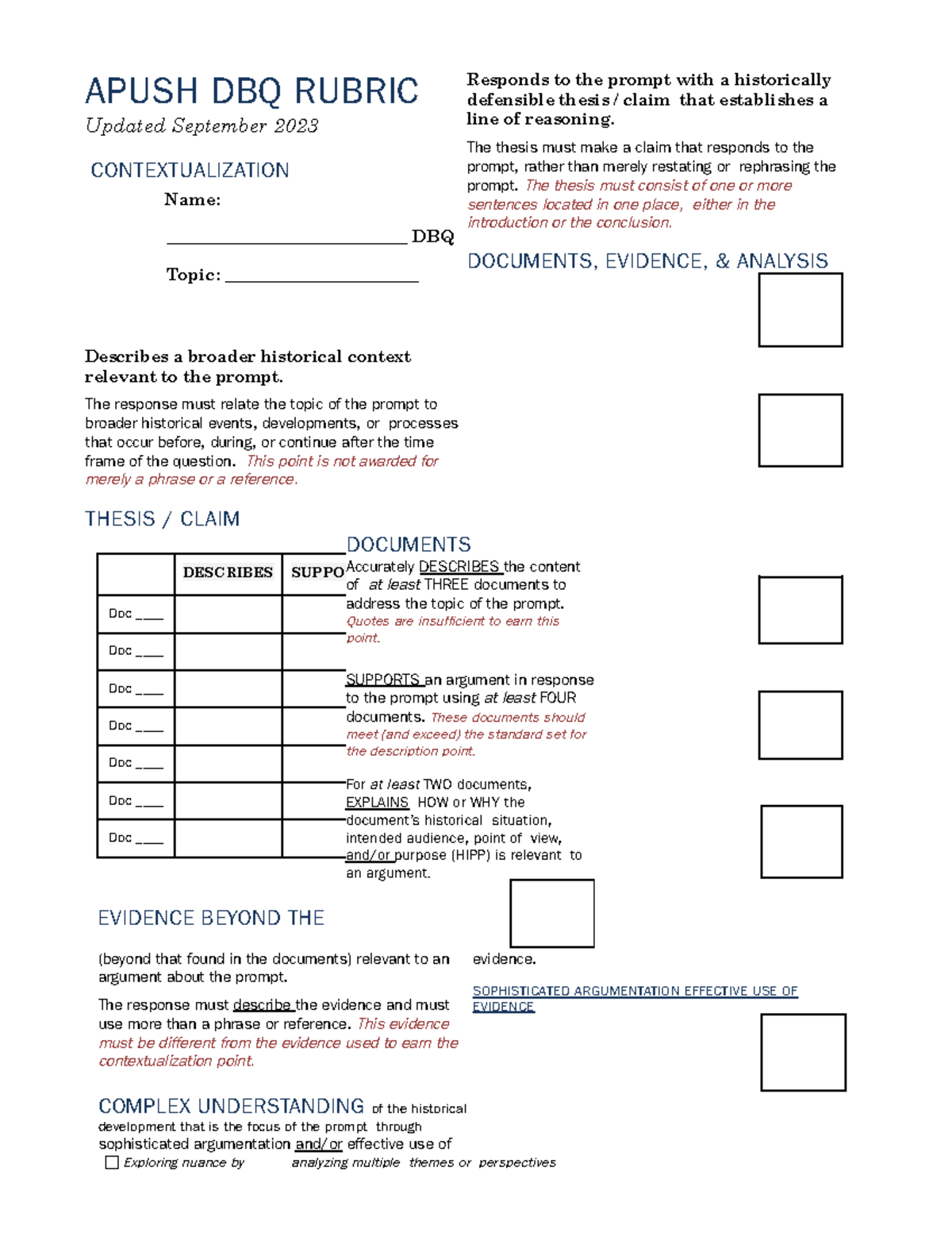 Apush dbq rubric APUSH DBQ RUBRIC Updated September 2023