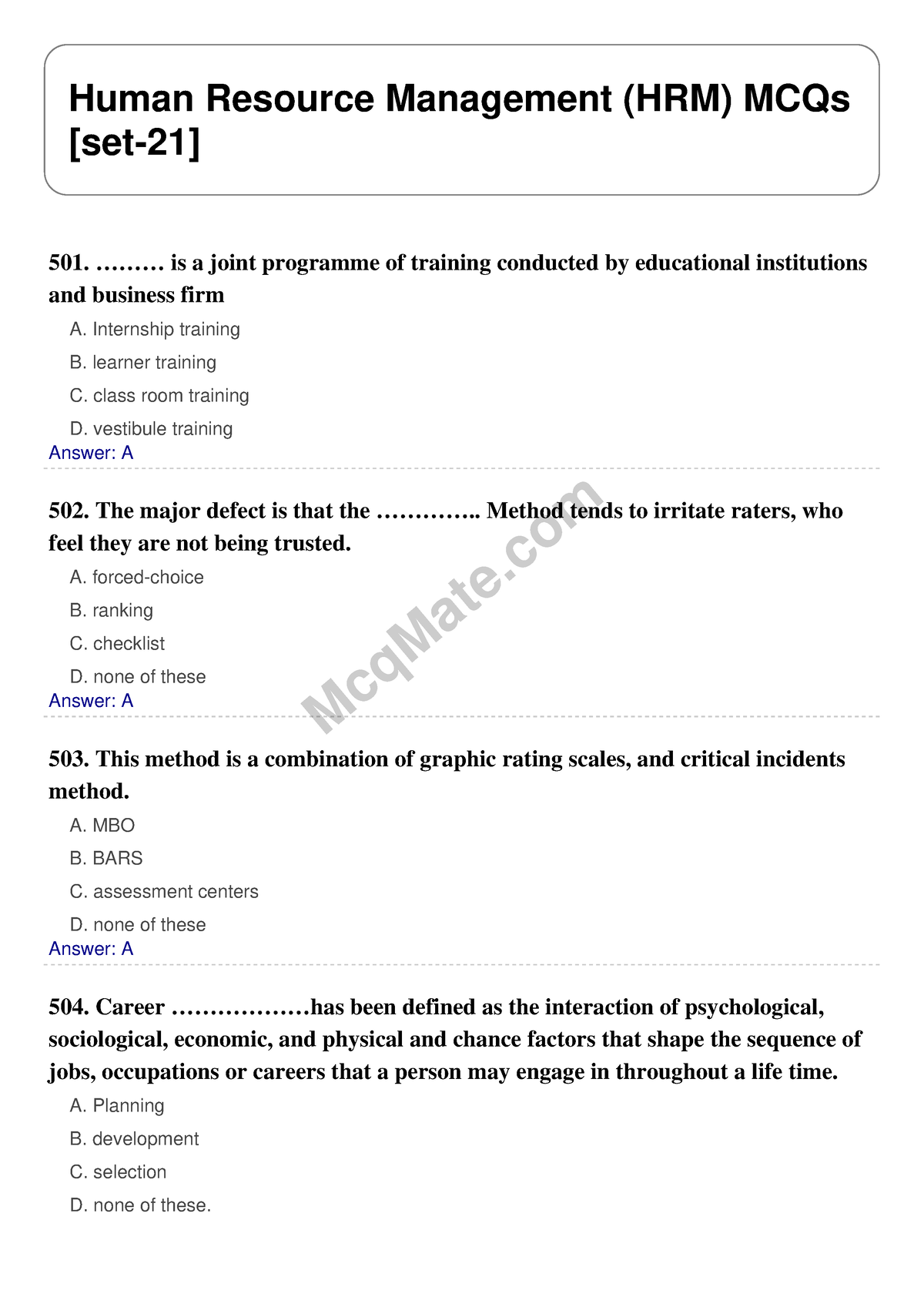 Human-resource-management-hrm-set-21 Mcqmate - McqMate Human Resource ...