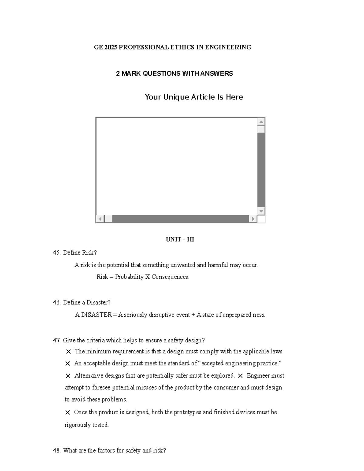Ethics - Tarun - GE 2025 PROFESSIONAL ETHICS IN ENGINEERING 2 MARK ...