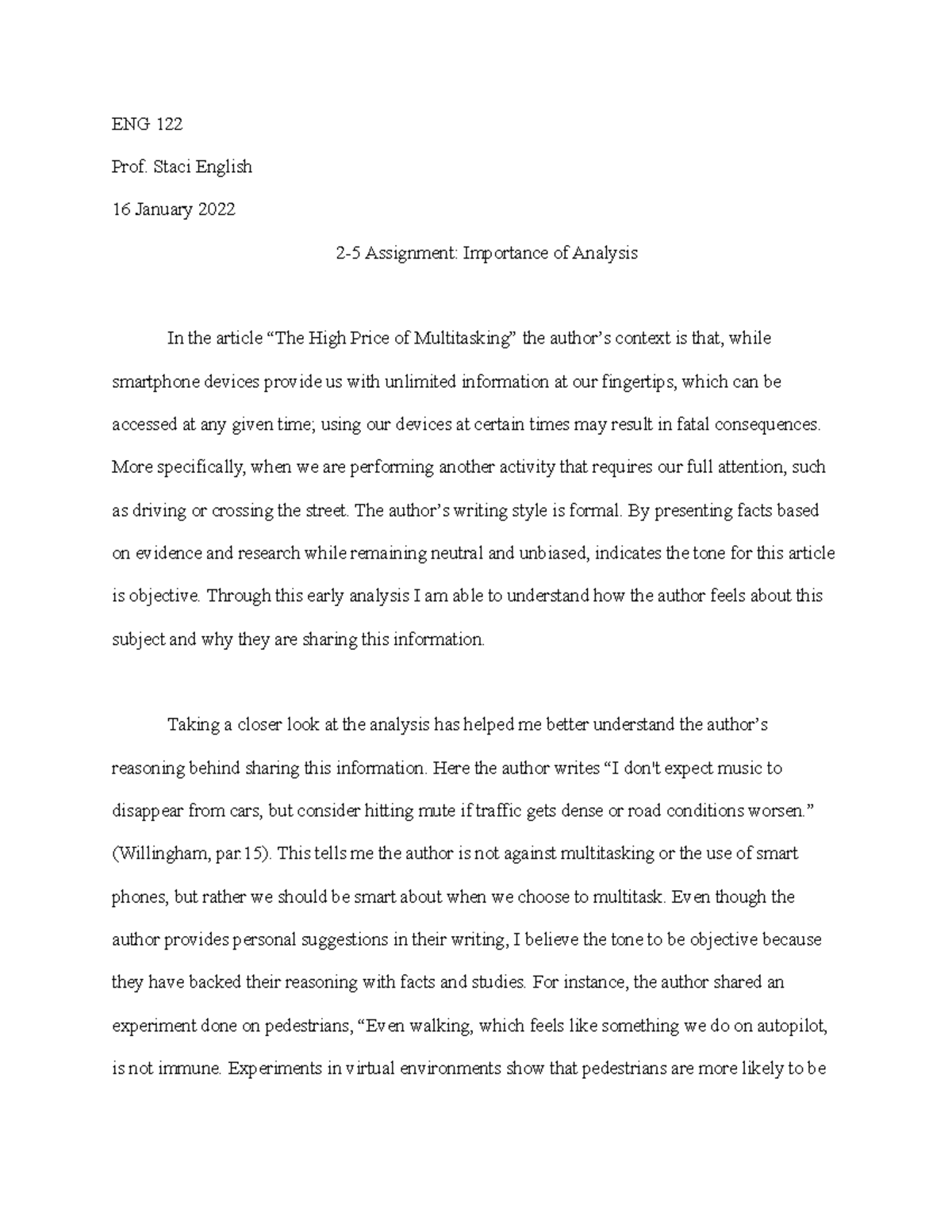 Week 2 Assignment. Importance of Analysis - ENG 122 Prof. Staci English ...
