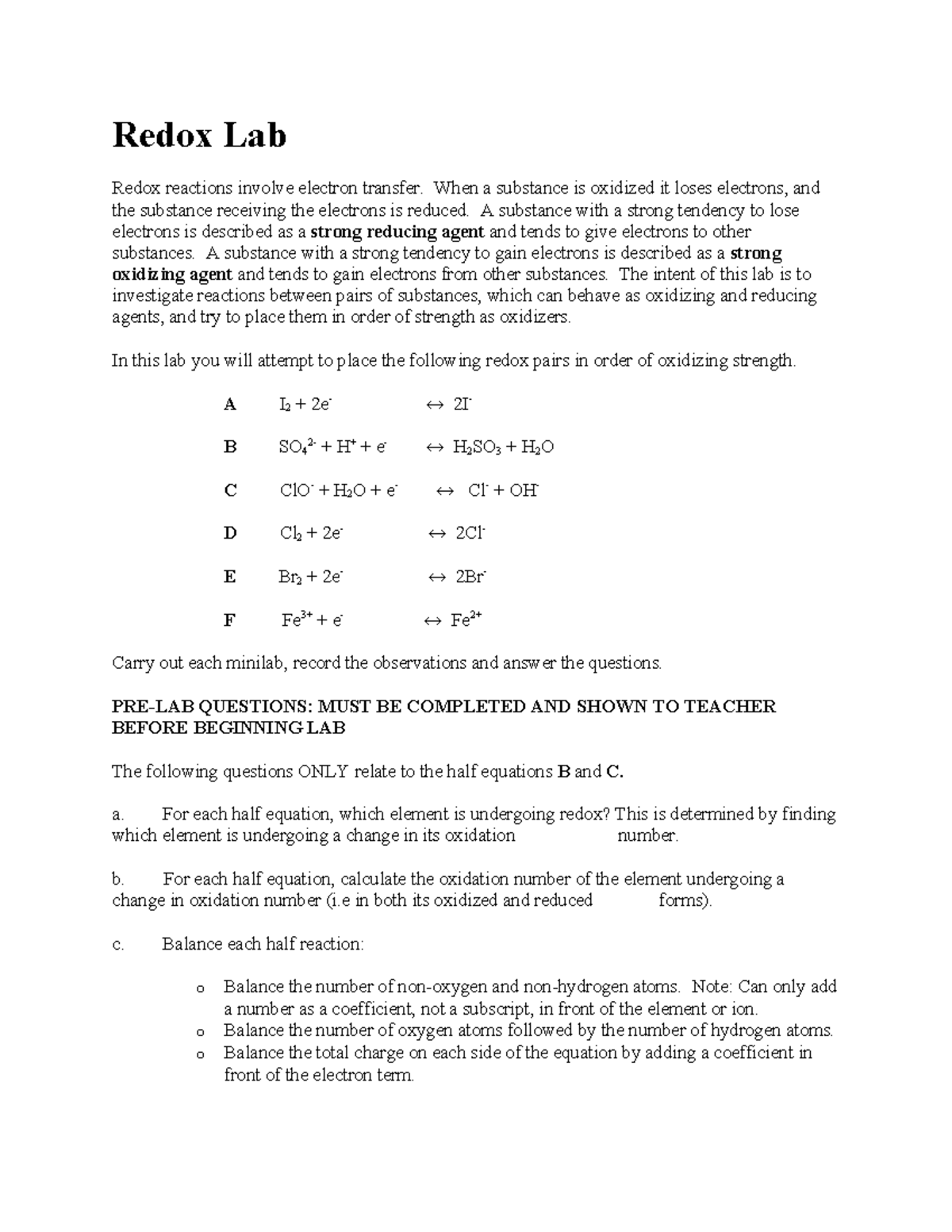 Redox Lab 1 2 Redox Lab Redox Reactions Involve Electron Transfer When A Substance Is 7414