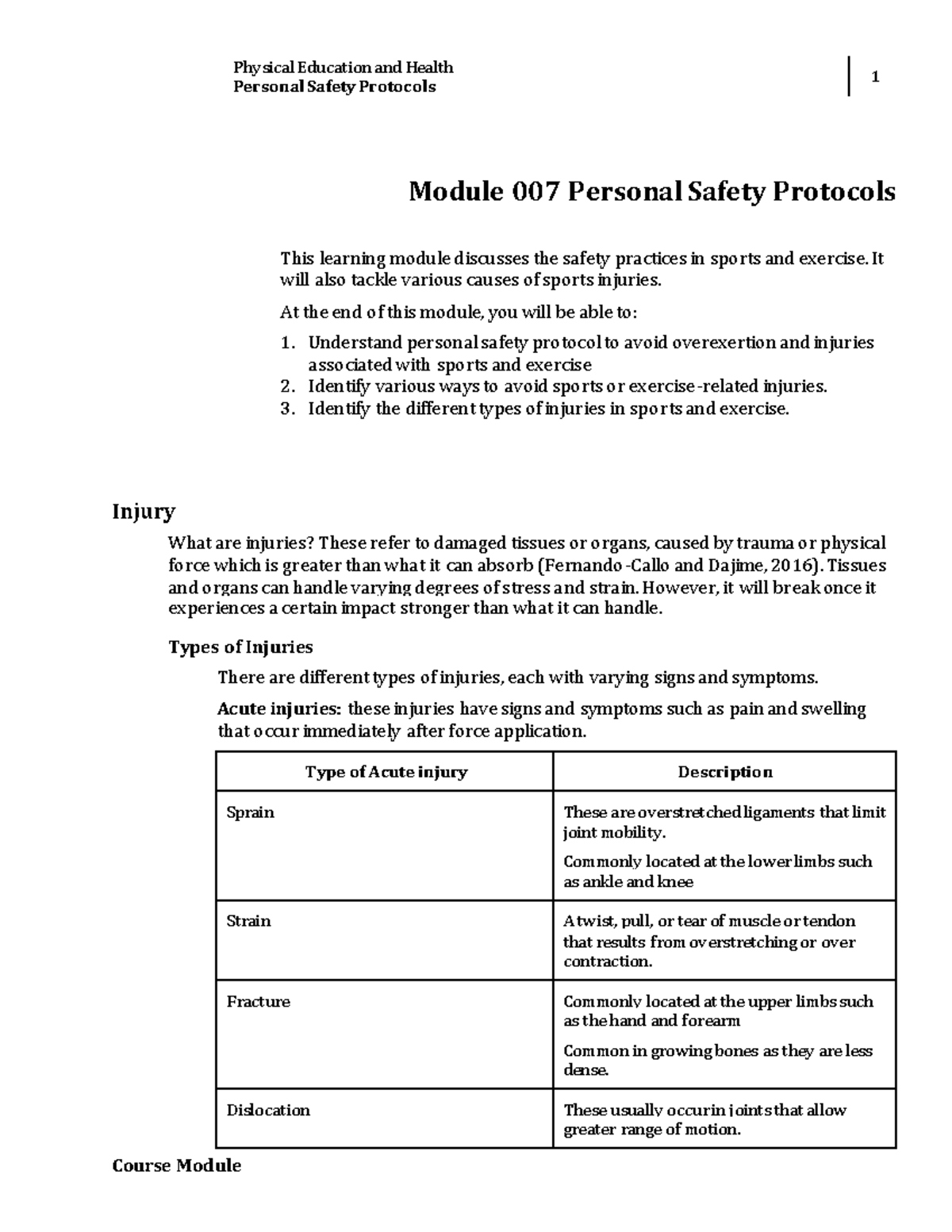Week 008-Module Personal Safety Protocol - Physical Education and ...