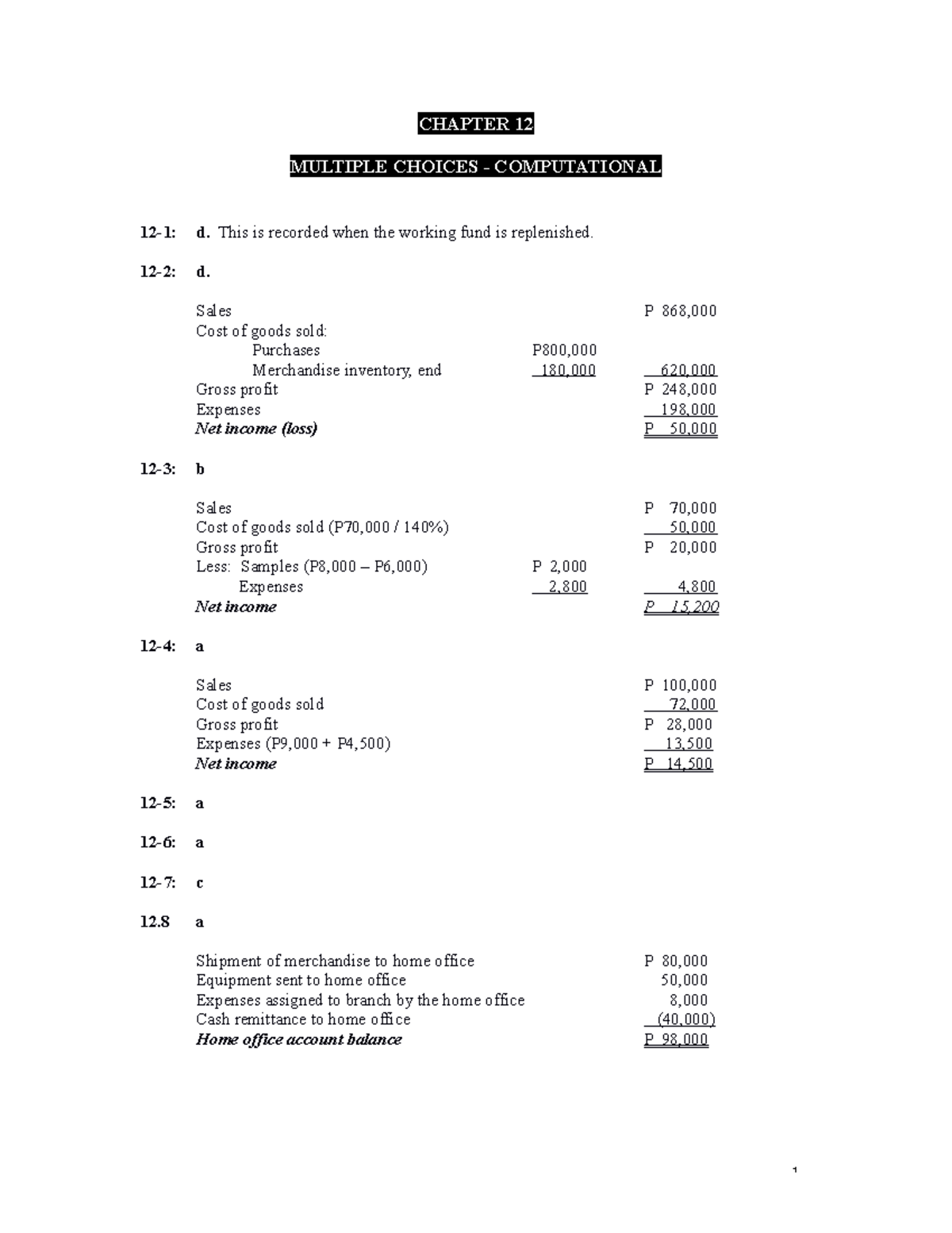 Chapter 12 - Home Office and Branch Accounting - CHAPTER 12 MULTIPLE ...