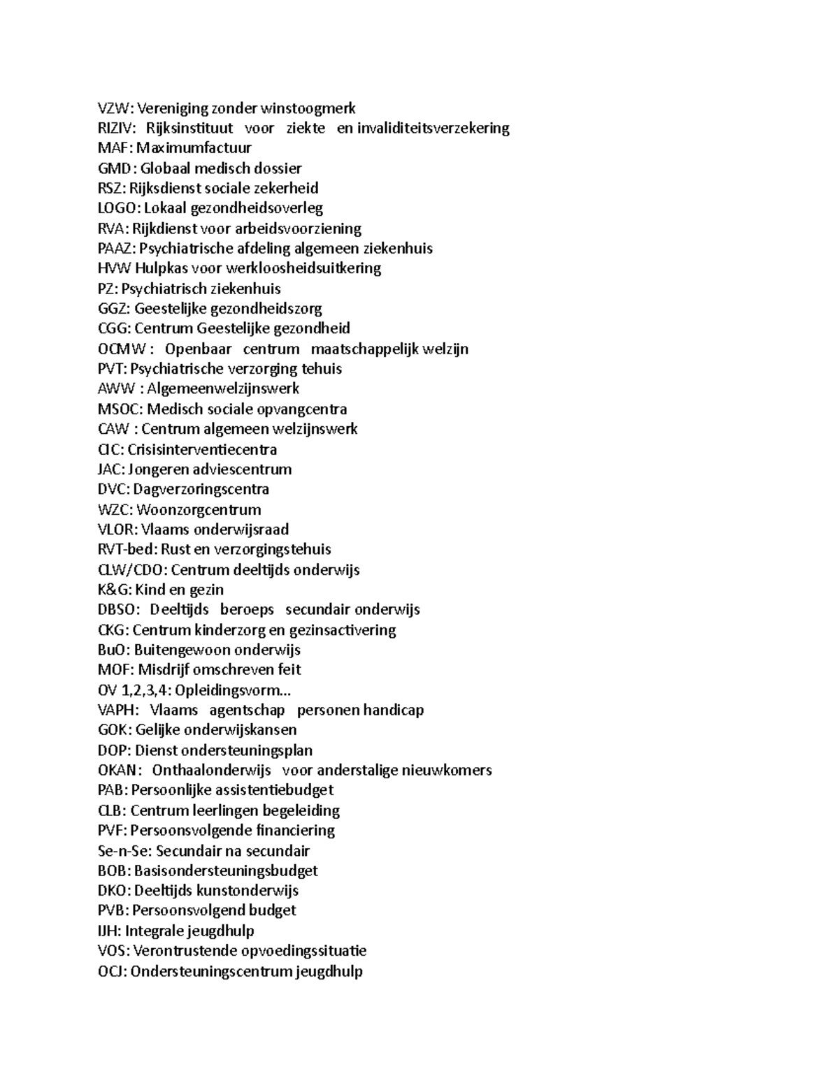 Soc Instituties Afkortingen - VZW: Vereniging Zonder Winstoogmerk RIZIV ...