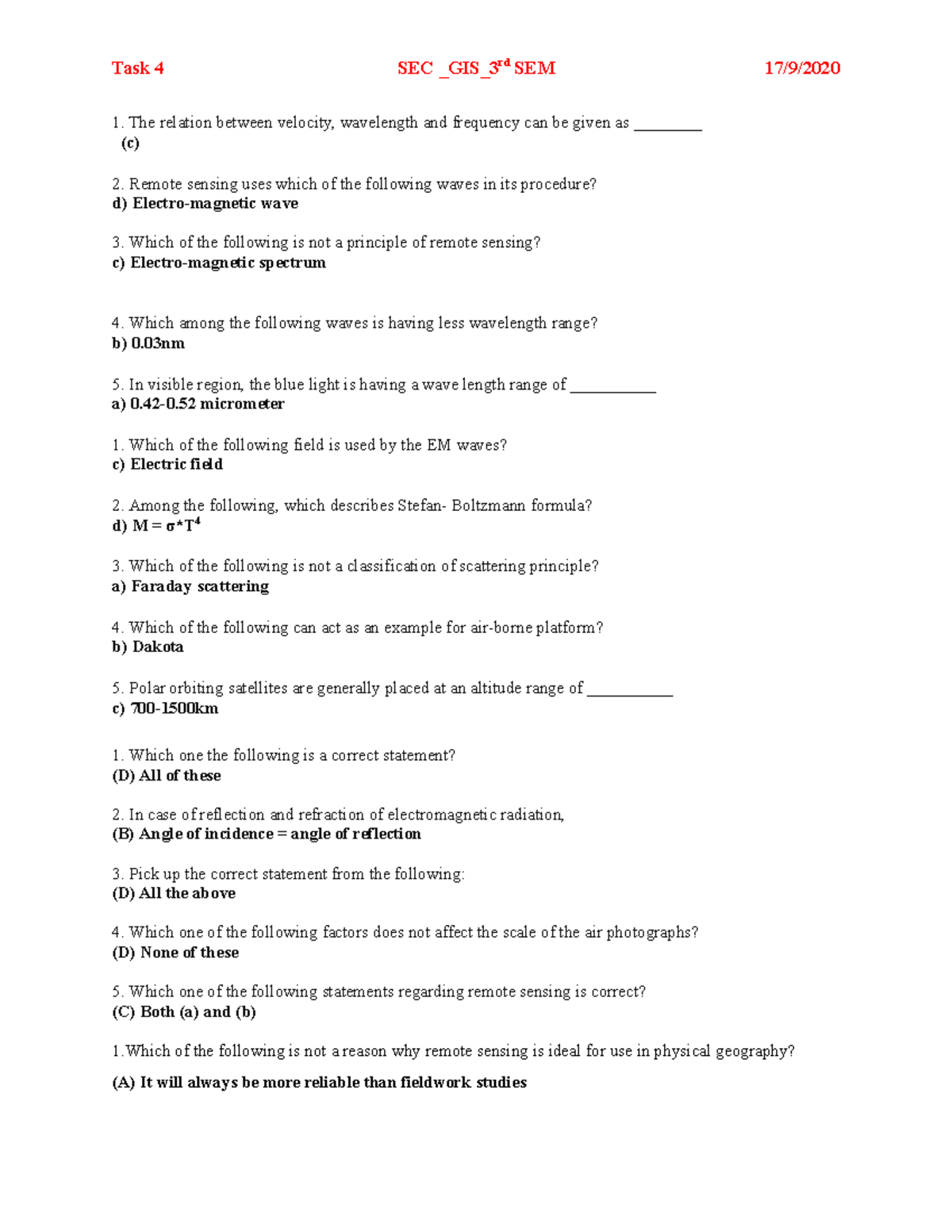 Remote Sensing Practice Question - Task 4 SEC _GIS_3rd SEM 17/9/ The ...