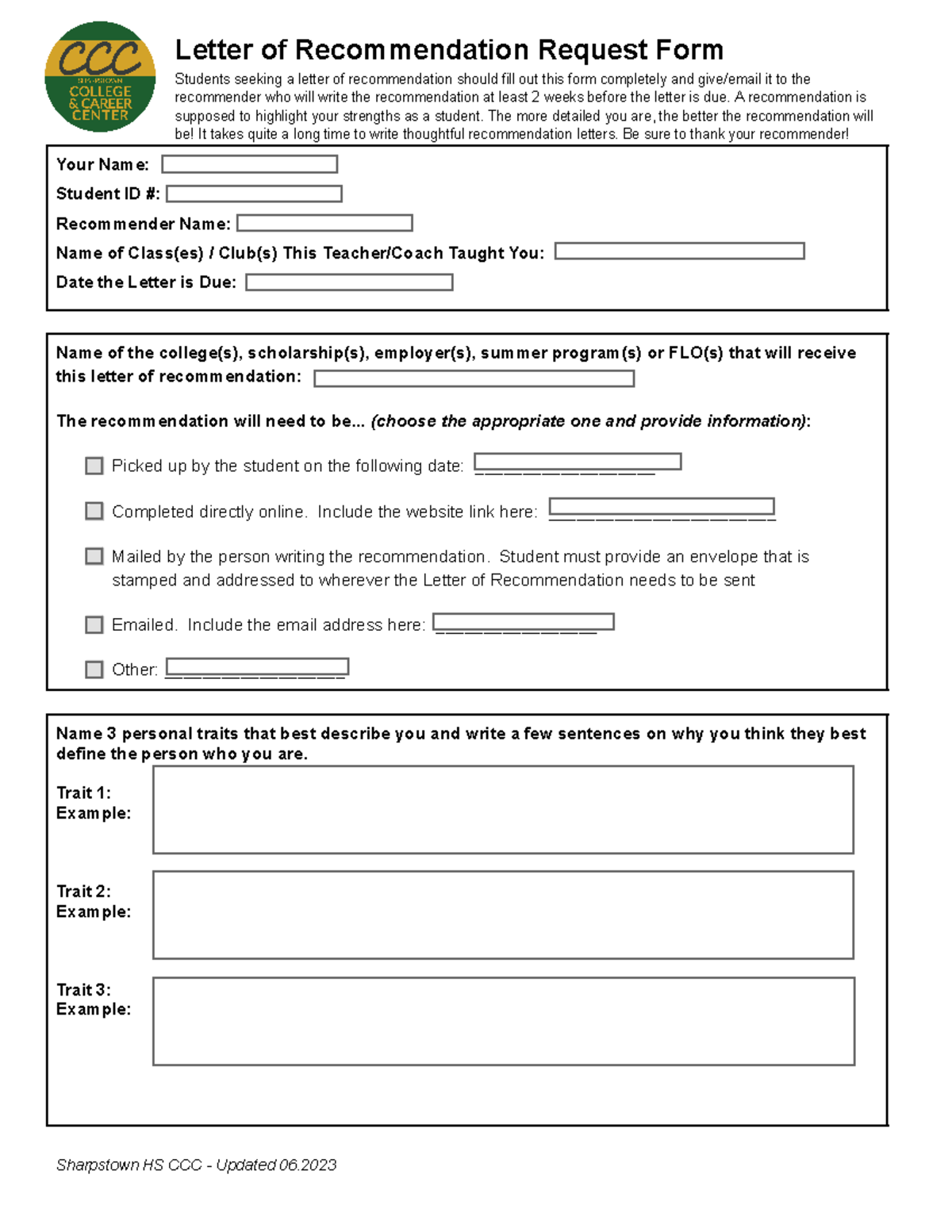 CCC - Lo R Request Form Fillable - Letter of Recommendation Request ...