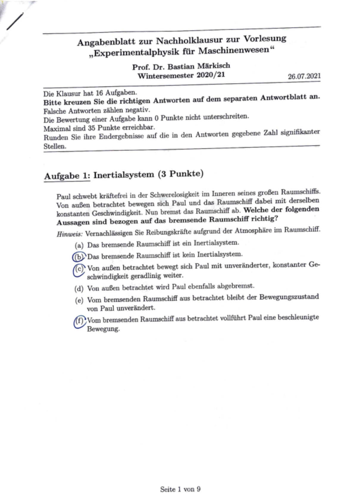 Physik - SS 21 - Altklausur - / Angabenblatt Zur Nachholklausur Zur ...