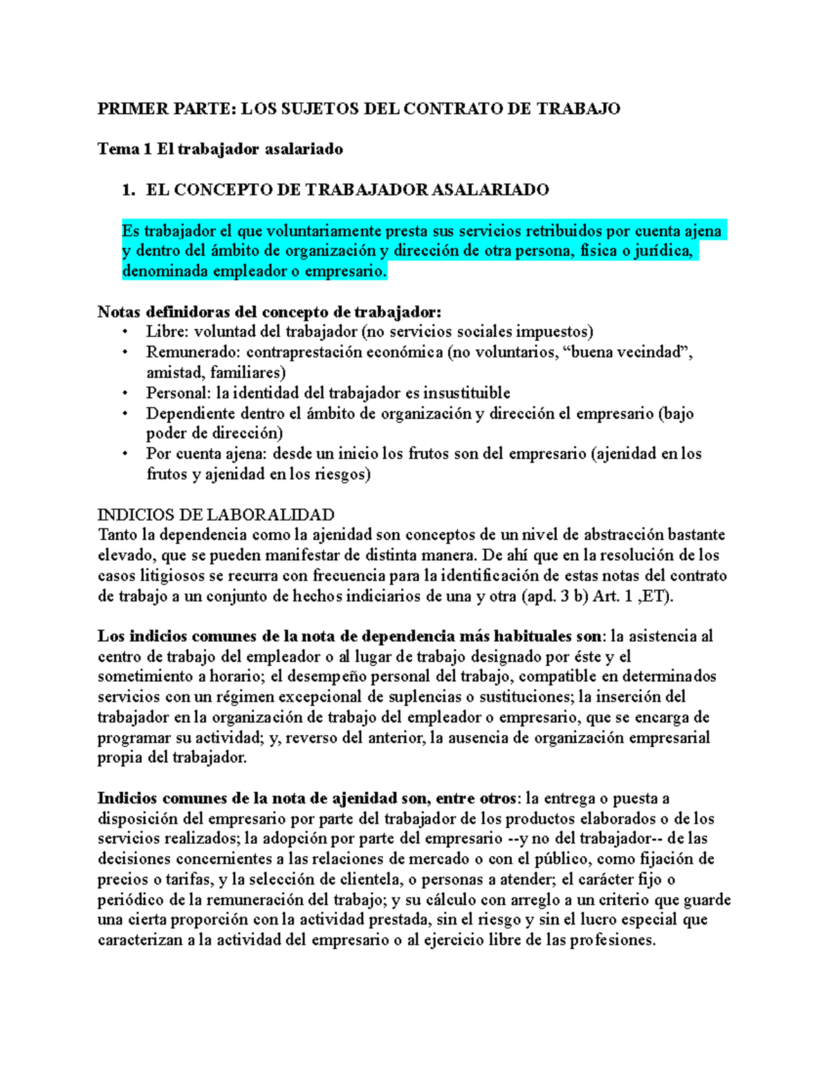 Repaso Final Contratacion Laboral - PRIMER PARTE: LOS SUJETOS DEL ...