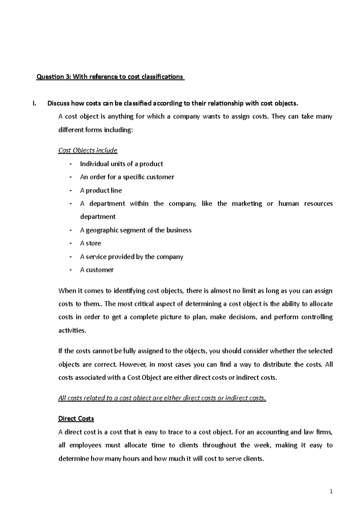 Cost Classification - Question 3: With reference to cost ...